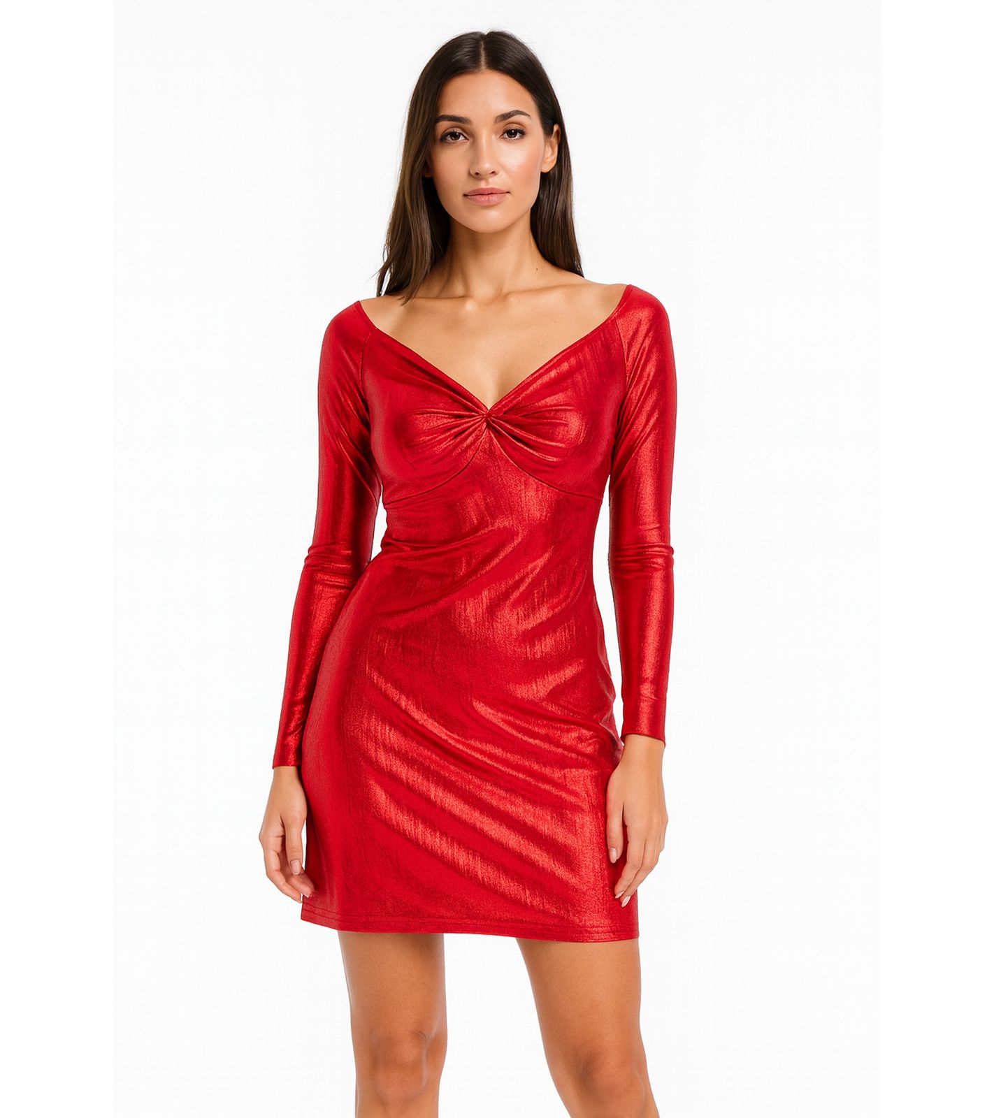 elegantes Damen Jersey-Kleid mit Metallic-Effekt Abend-Kleid mit langen Ärmeln 922945 Rot