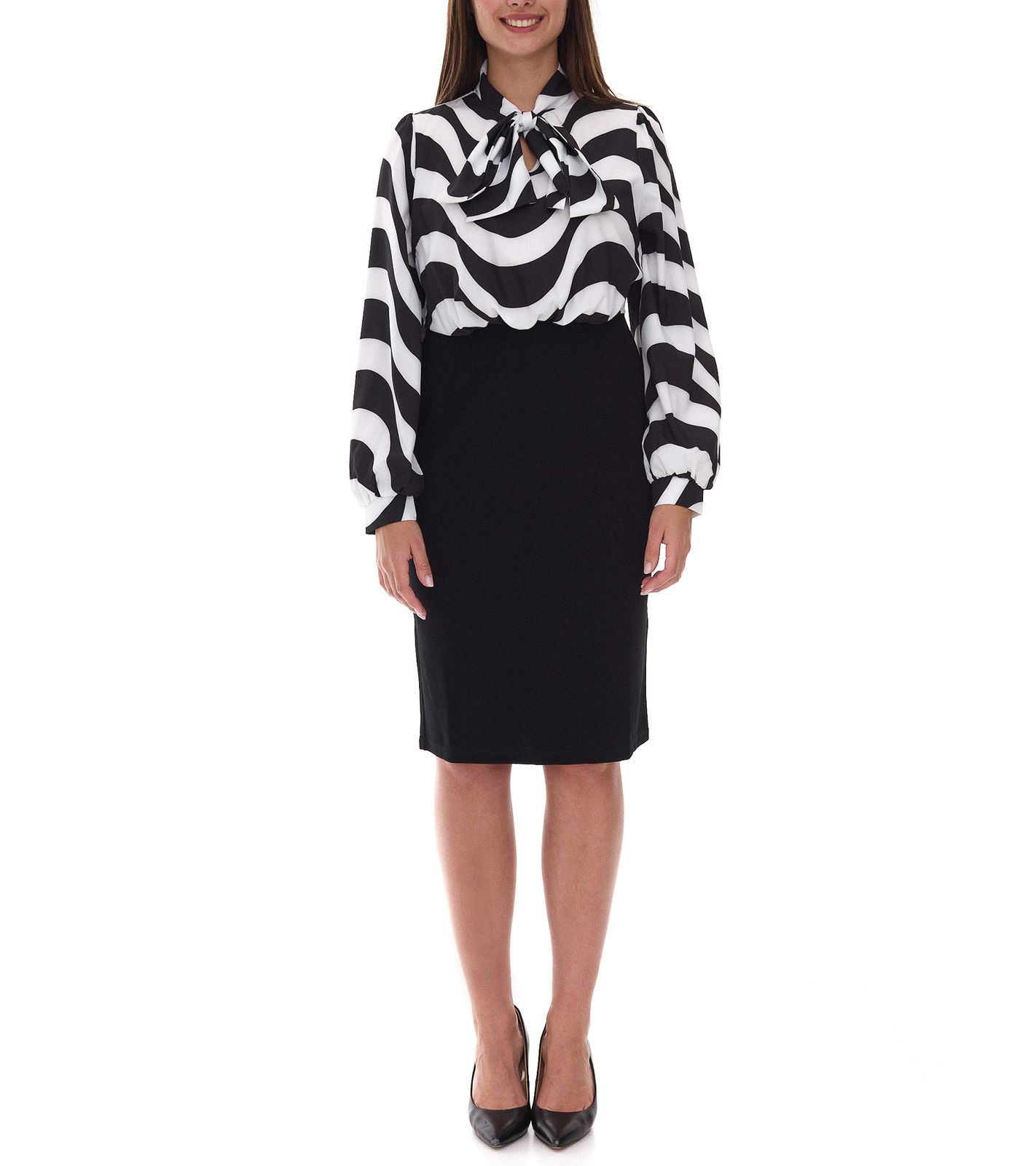elegantes Damen Midi-Kleid Business-Kleid mit Schluppe Sommer-Kleid Langarm-Kleid 940989 Schwarz/Weiß