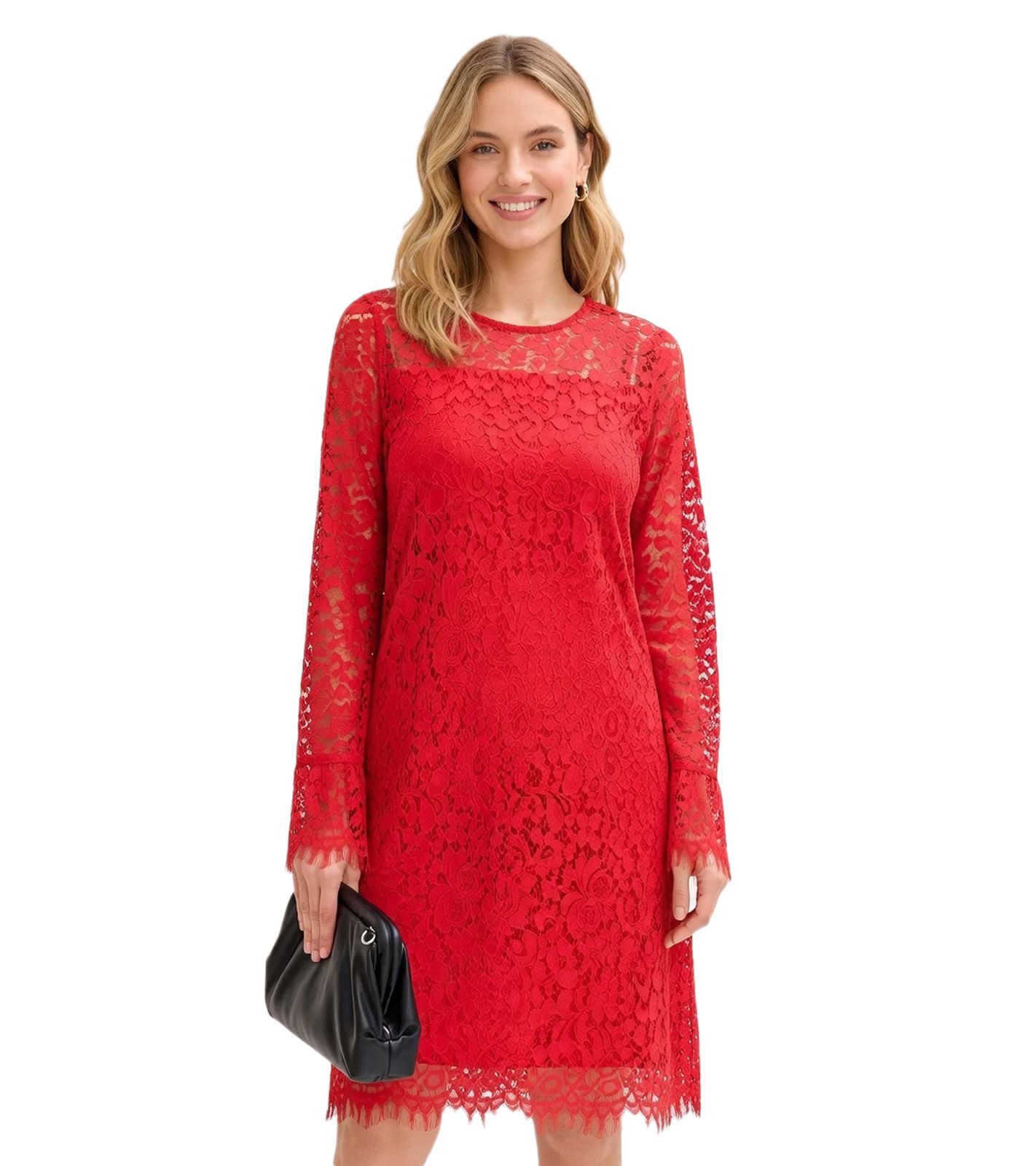 elegantes Damen Spitzen-Kleid Mini-Kleid mit langen Puff-Ärmeln Abend-Kleid 912856 Rot