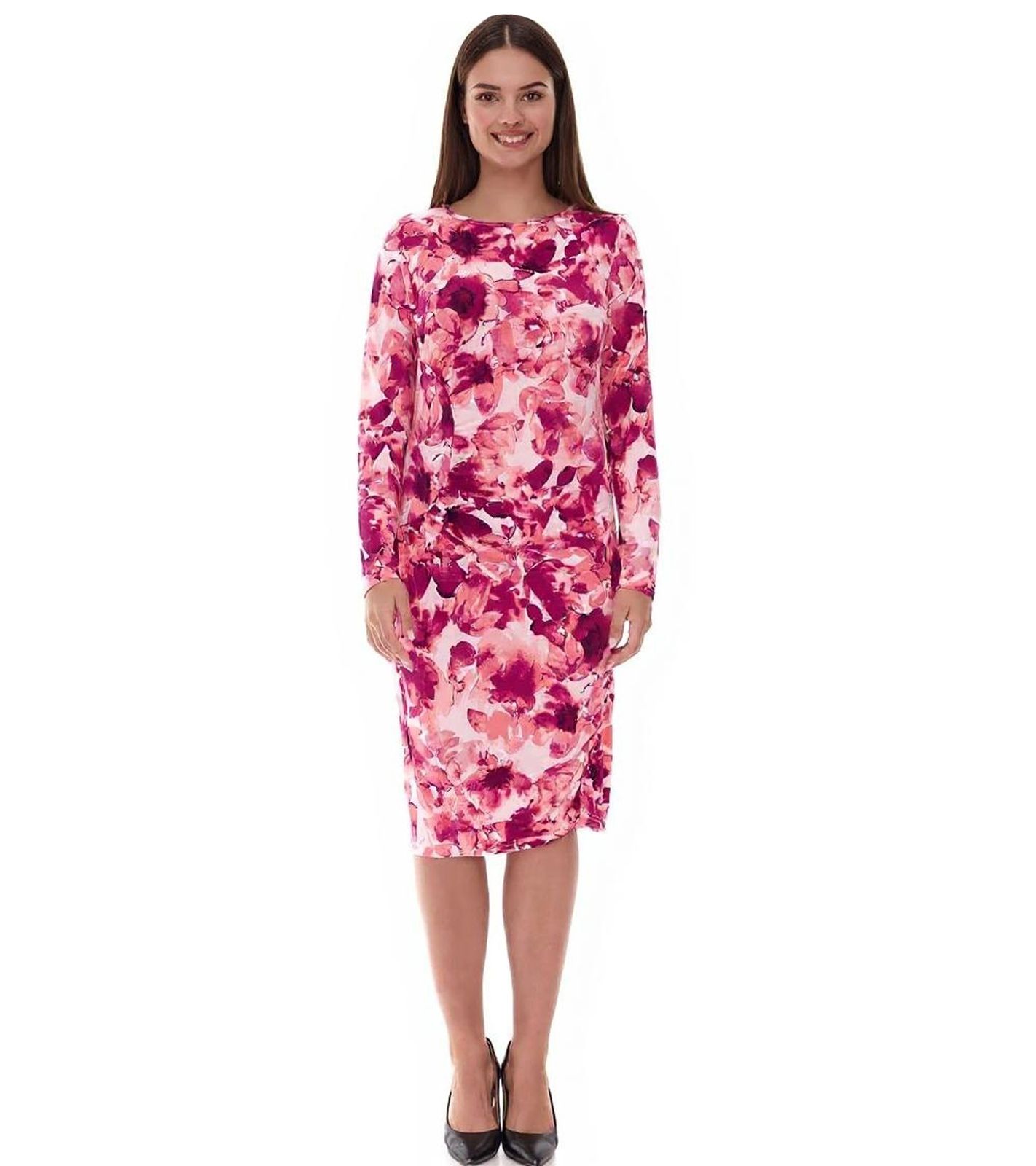 enganliegendes Damen Midi-Kleid Sommer-Kleid mit Blütendruck und seitlichen Raffungen 928586 Rosa