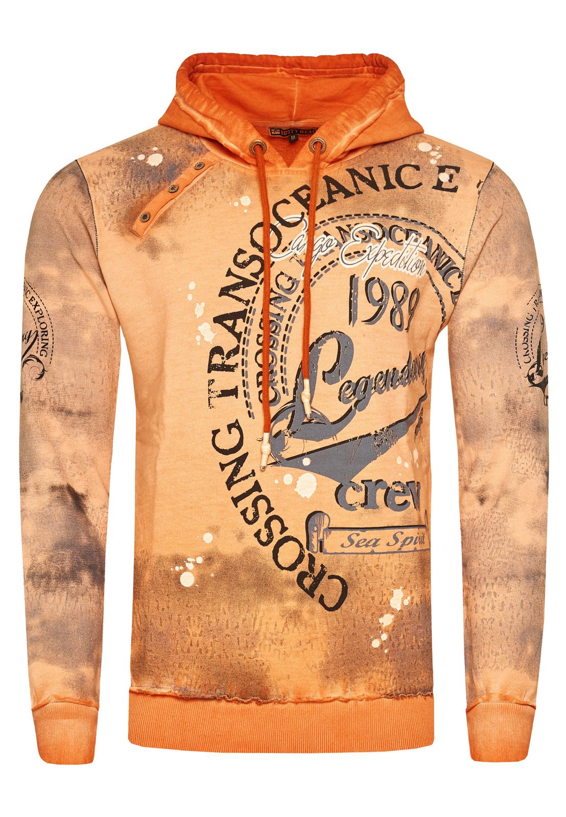 Exklusiver Herren Kapuzen-Pullover Oil-Washed Hoodie mit Knopfleiste und Sea-Print Sweater 19128 Orange