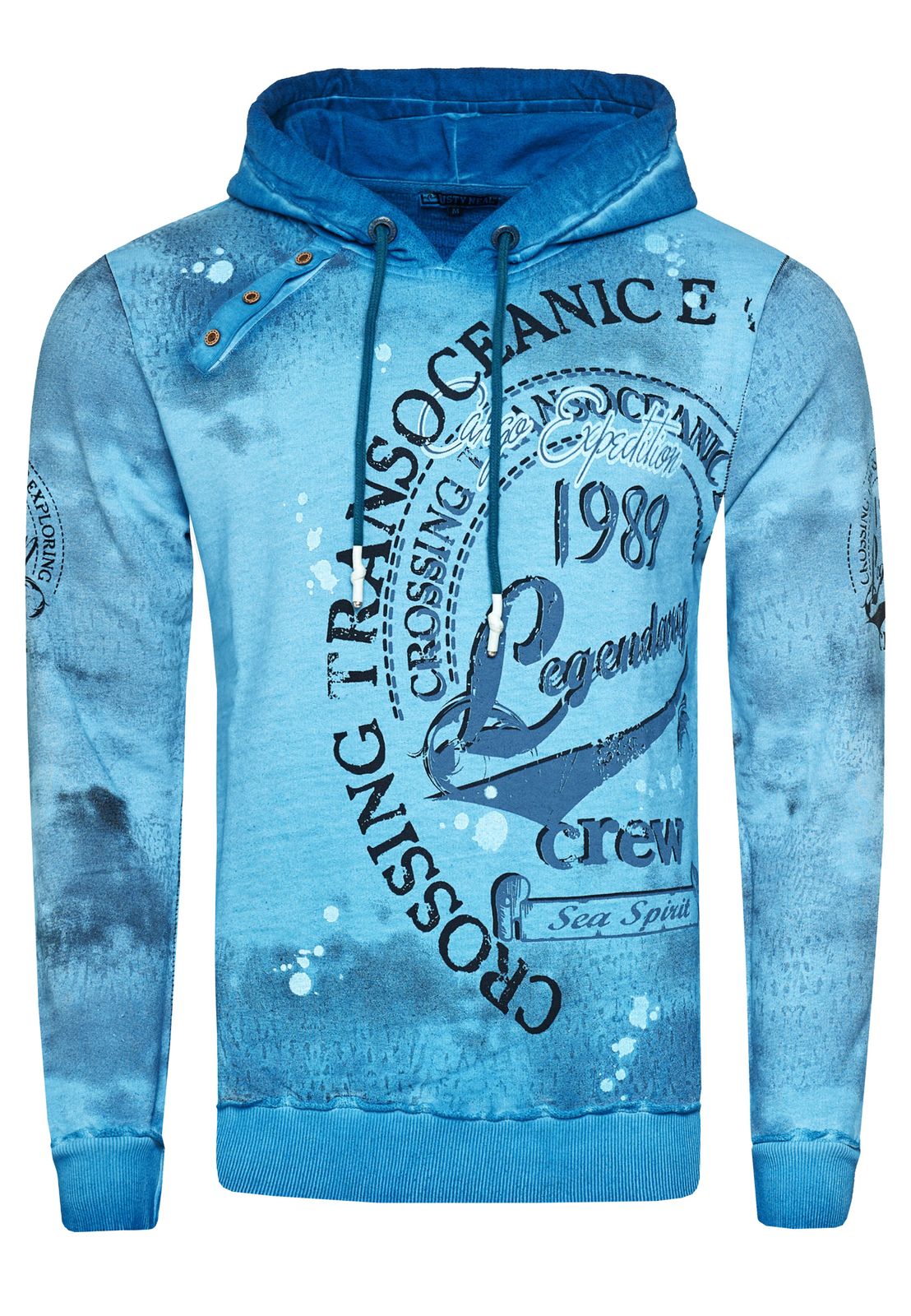 Exklusiver Herren Kapuzen-Pullover Oil-Washed Hoodie mit Knopfleiste und Sea-Print Sweater 19128 Petrol