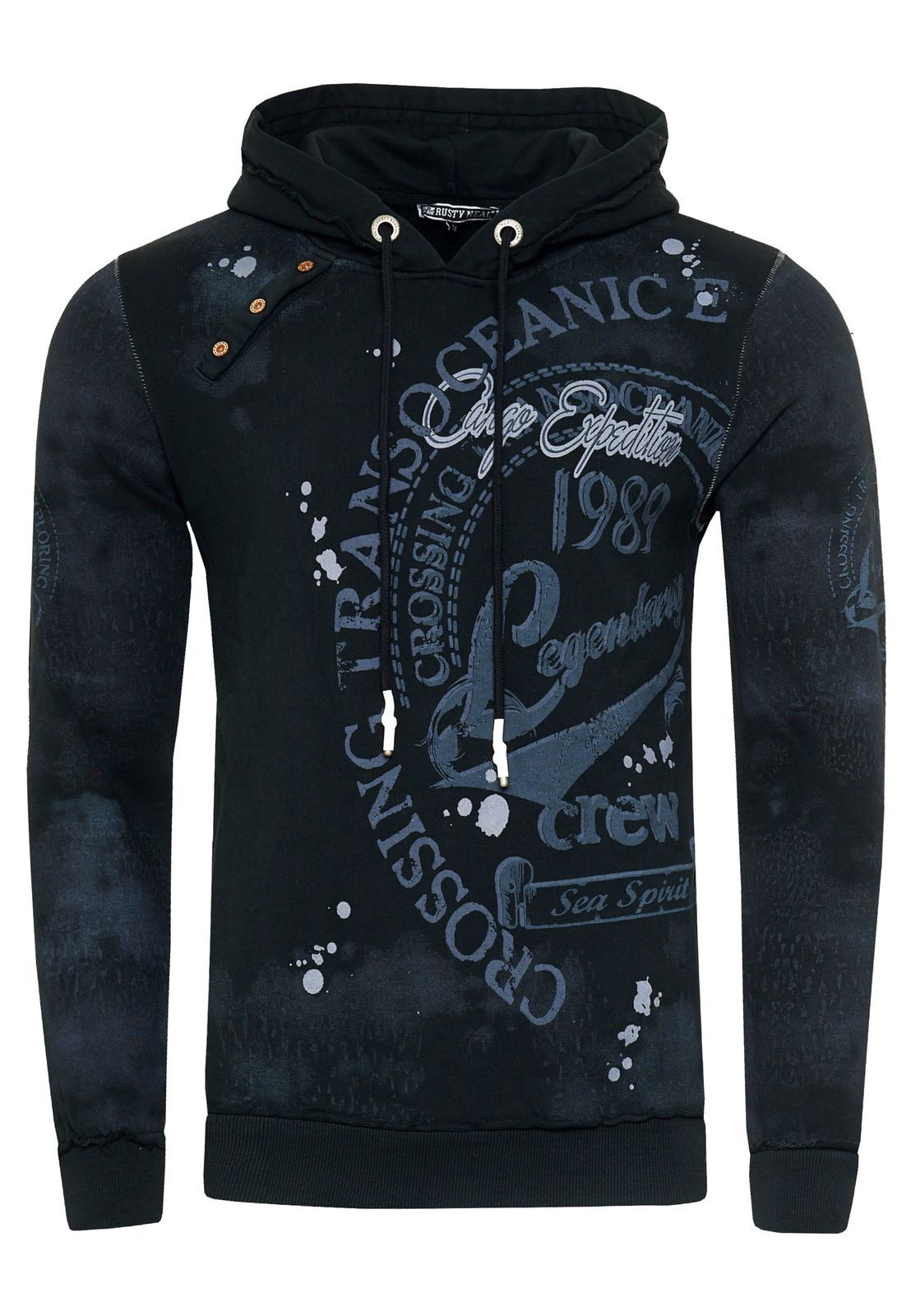 Exklusiver Herren Kapuzen-Pullover Oil-Washed Hoodie mit Knopfleiste und Sea-Print Sweater 19128 Schwarz