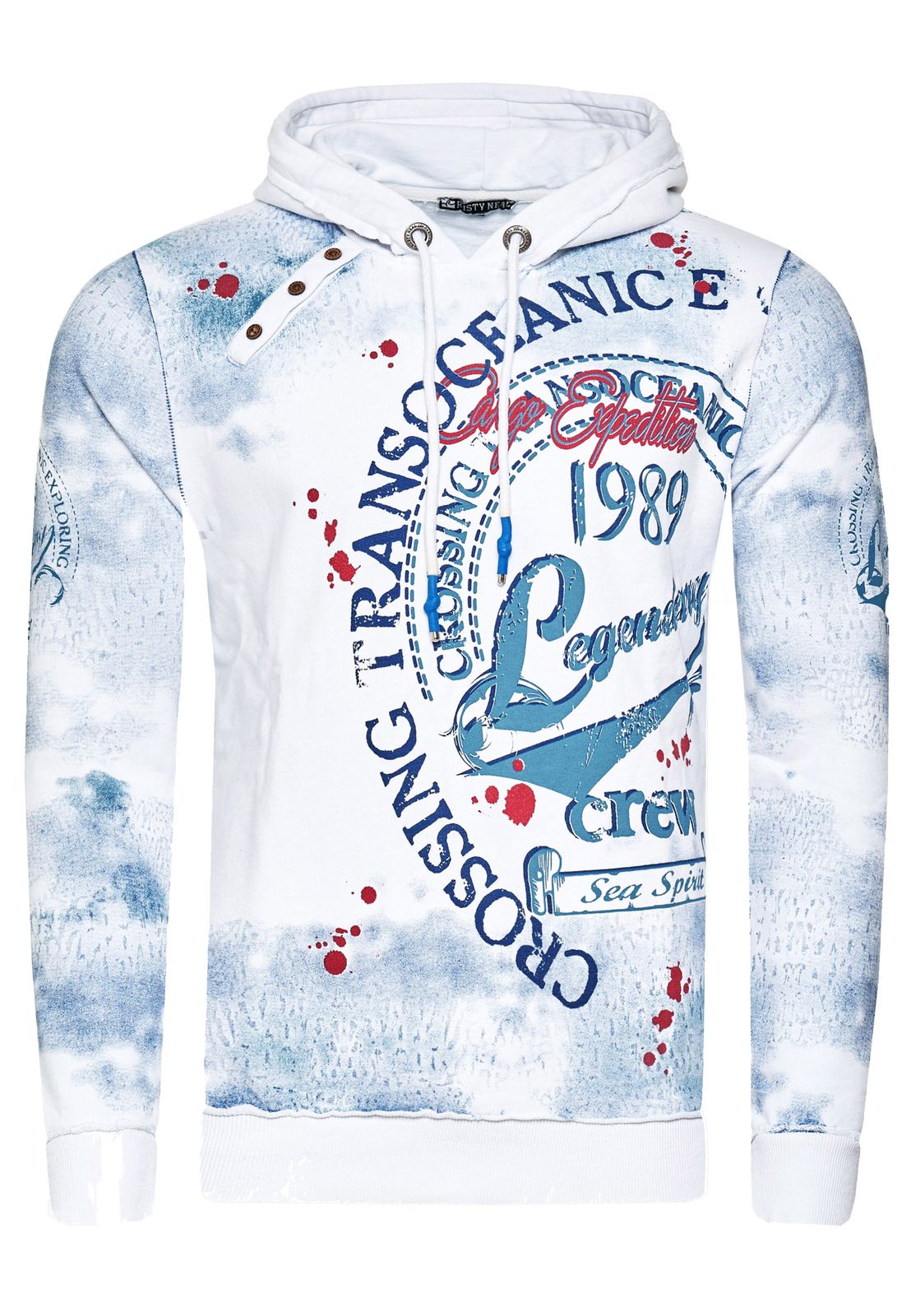 Exklusiver Herren Kapuzen-Pullover Oil-Washed Hoodie mit Knopfleiste und Sea-Print Sweater 19128 Weiß