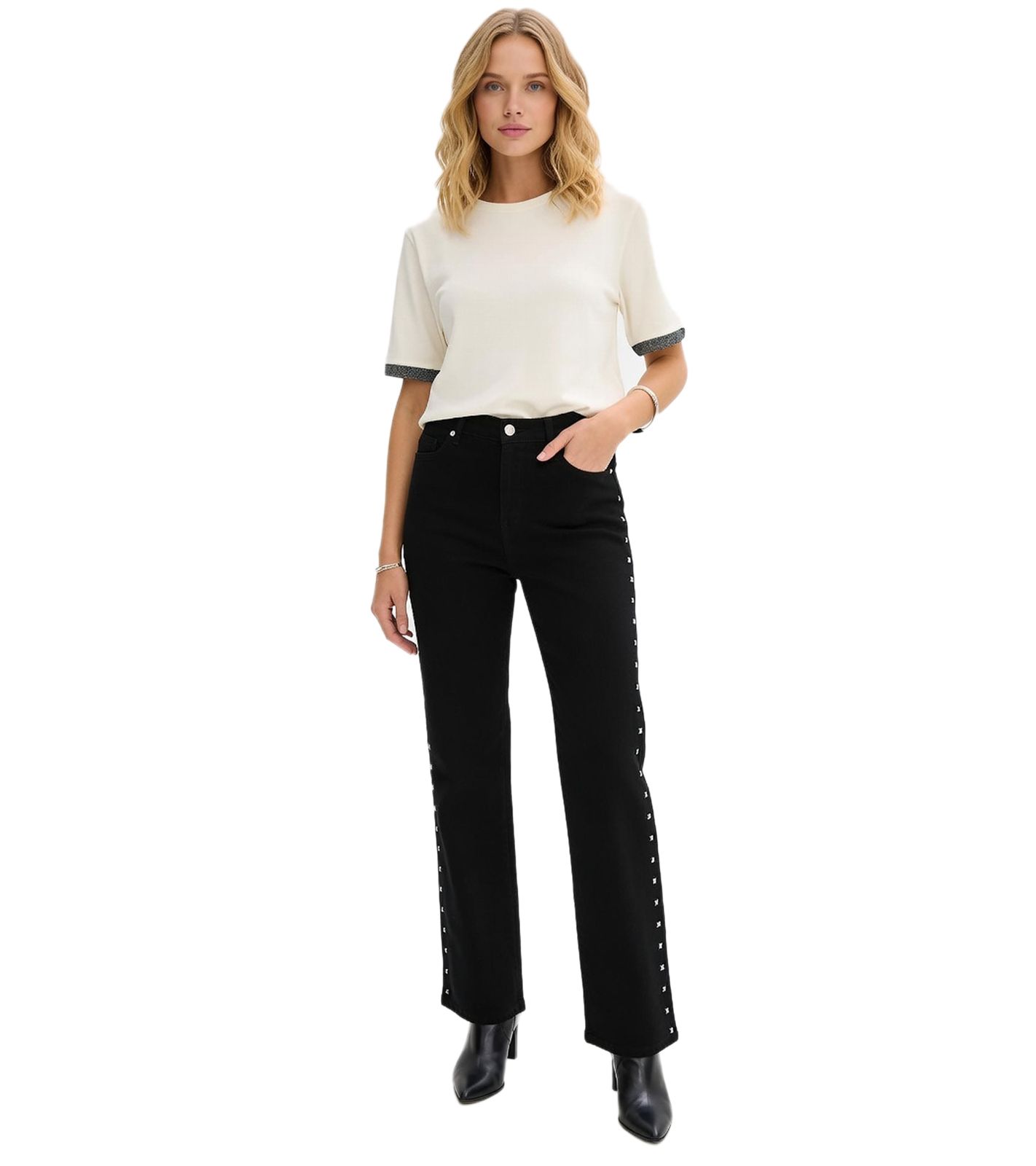 extravagante Damen Twill-Hose modern geschnittene Alltags-Hose mit Nieten Slim-Fit 974561 Schwarz