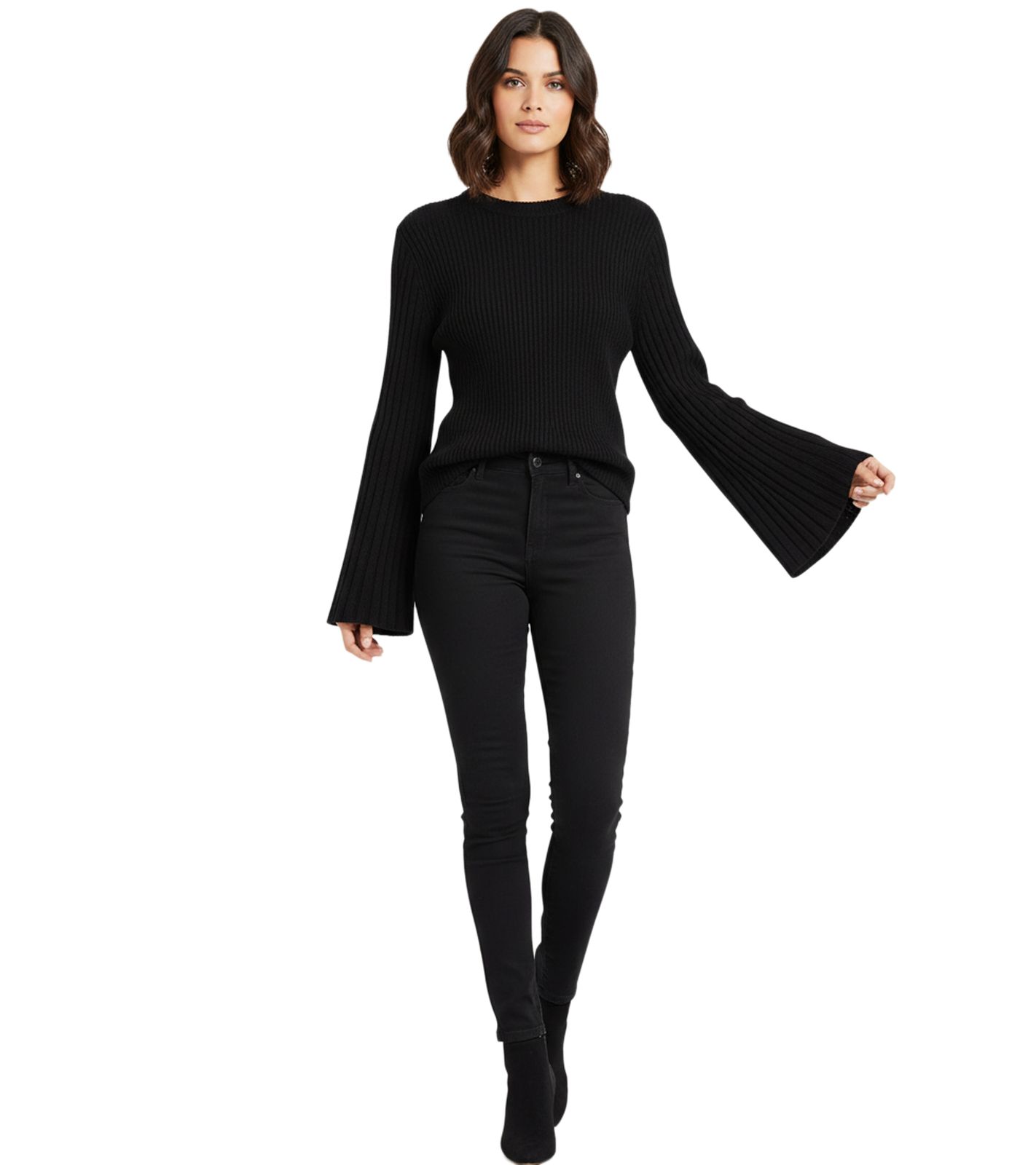 extravaganter Damen Strick-Pullover mit Glockenärmeln Feinstrick Alltags-Pullover 908376 Schwarz