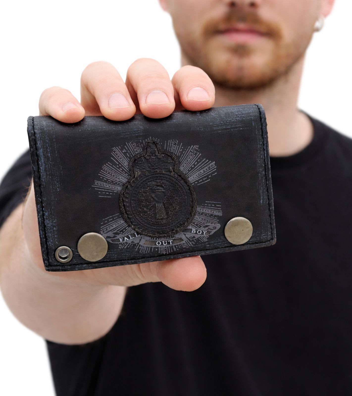 FALL OUT BOY Leder-Geldbörse mit Logo-Motiv Metalldruckknöpfen und Kette Rockiger Gothic-Style LW103557FOB0 Schwarz/Weiß
