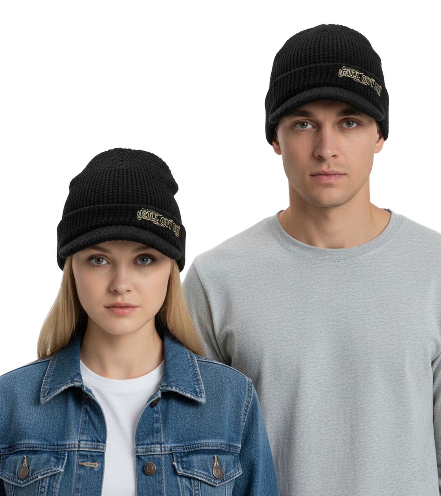 Fall Out Boy Unisex Schirm-Mütze mit "Fall Out Boy" Stickerei Schirm-Beanie Strick-Mütze KC103261FOB Schwarz