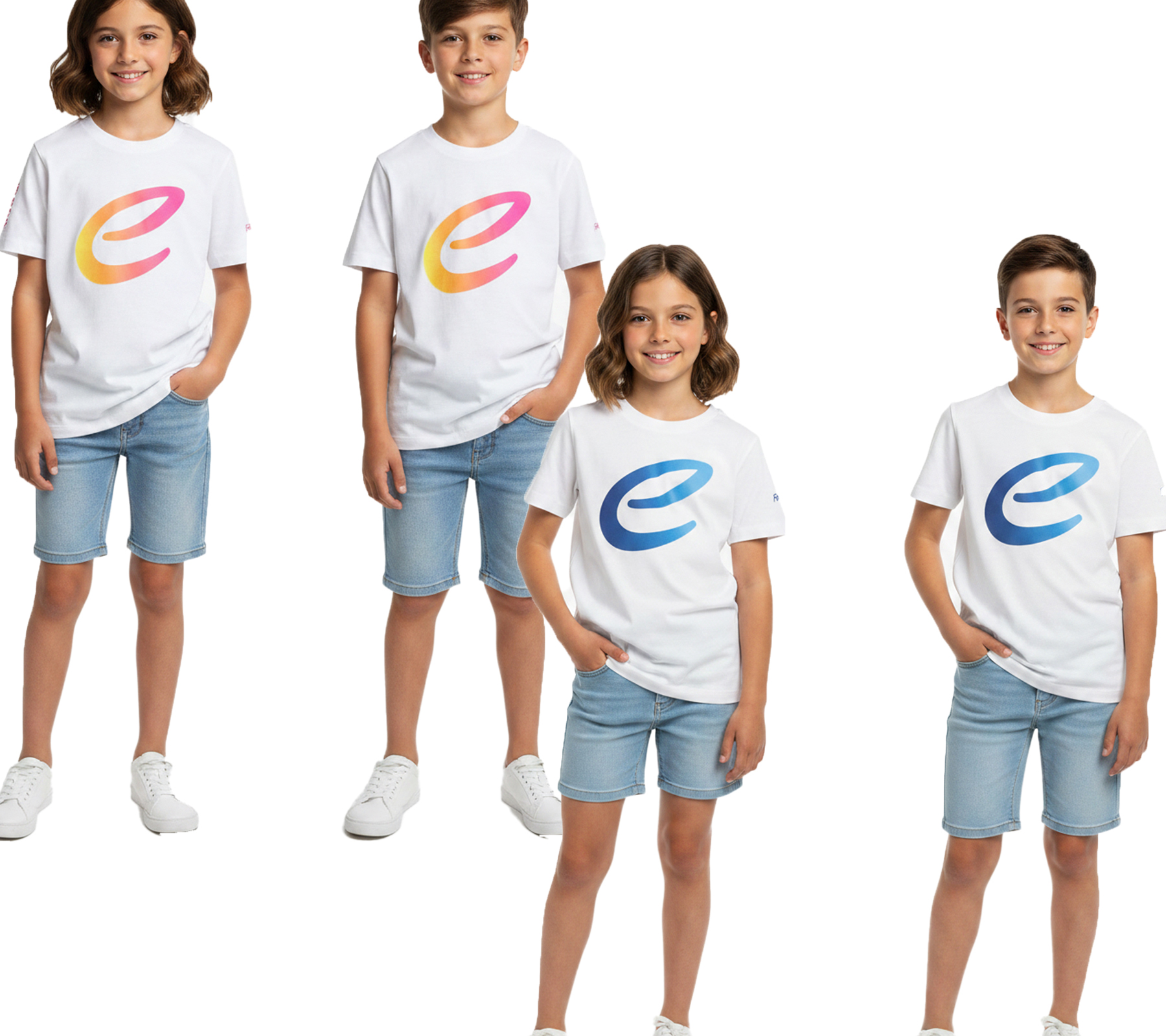 farbenfrohes Formula E Kinder T-Shirt Kurzarm-Shirt nachhaltiges Baumwoll-Shirt mit Formula E Logo 701223593 Weiß/Blau oder Weiß/Pink/Gelb