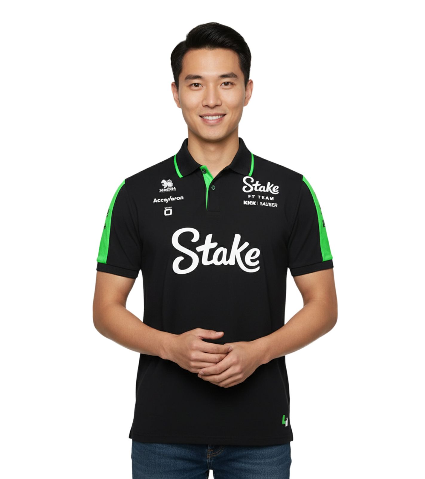 farbenfrohes Stake Kick Sauber Formula 1 2024 Herren Polo-Shirt Formel 1 Sommer-Shirt mit Baumwolle 701232879 001 Schwarz/Grün
