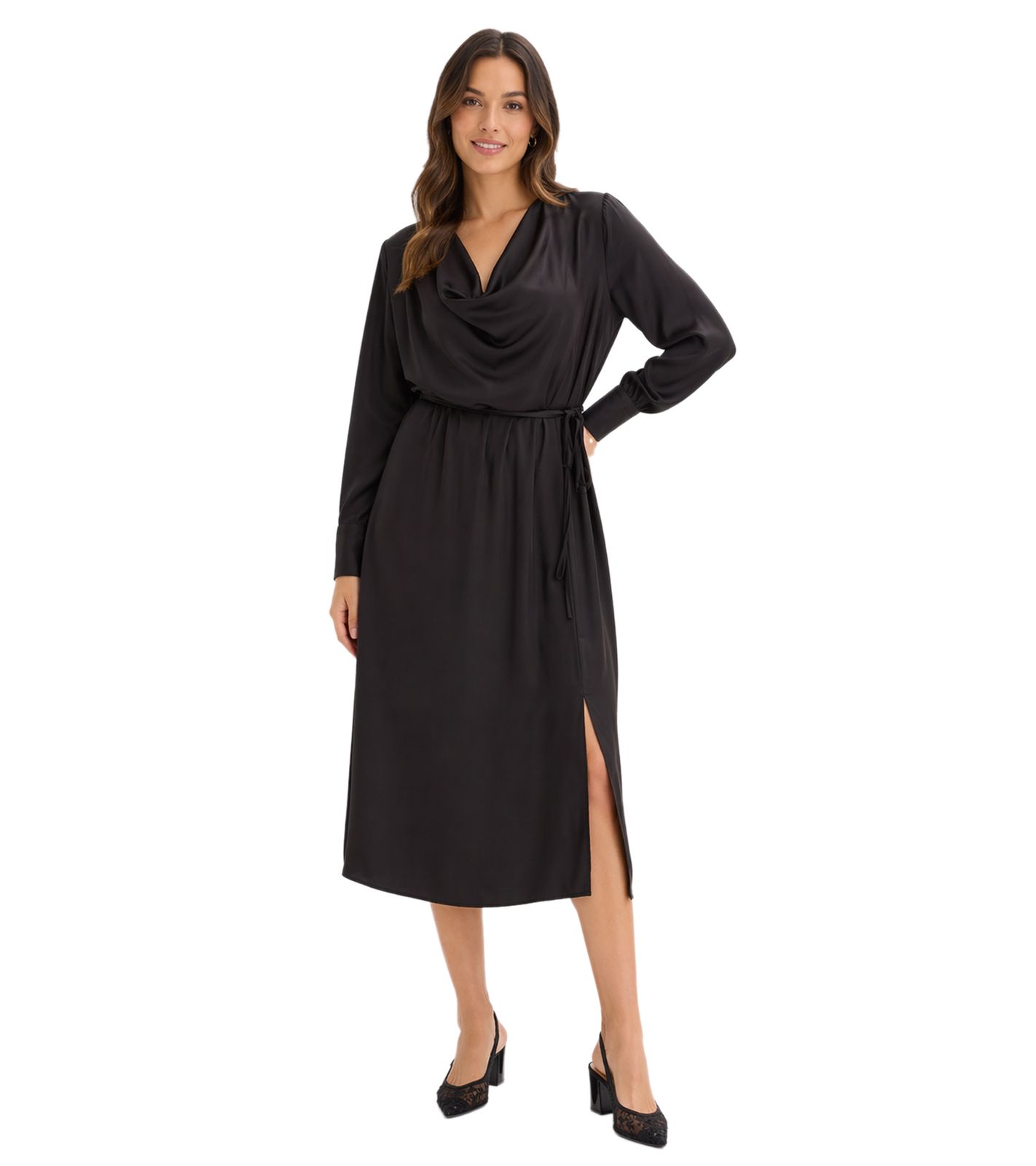 feminines Damen Midi-Kleid aus glänzendem Satin Ausgeh-Kleid 923469 Schwarz