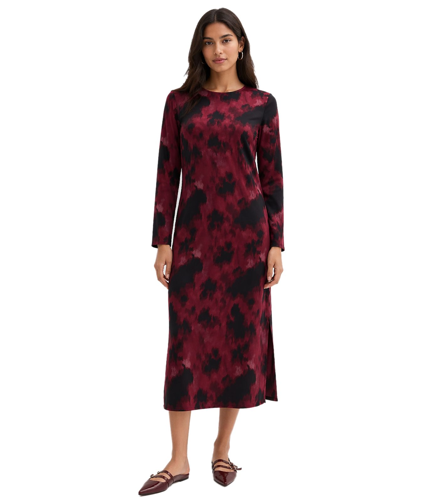feminines Damen Midi-Kleid aus Satin mit abstraktem Print Ausgeh-Kleid 927049 Rot/Schwarz