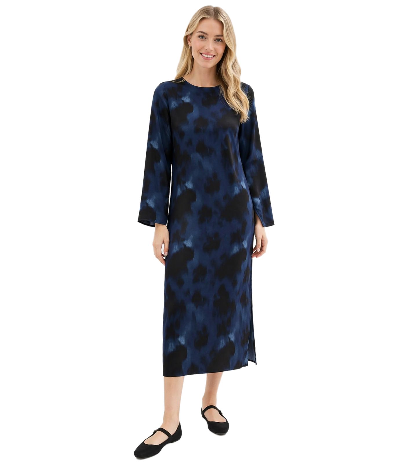 feminines Damen Midi-Kleid aus Satin mit abstraktem Print Ausgeh-Kleid 941633 Blau/Schwarz