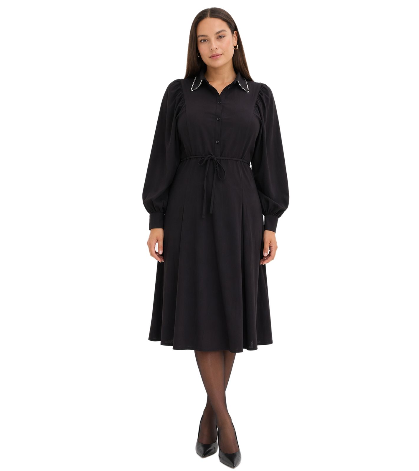 feminines Damen Midi-Kleid mit Perlen-Applikation Ausgeh-Kleid 929373 Schwarz