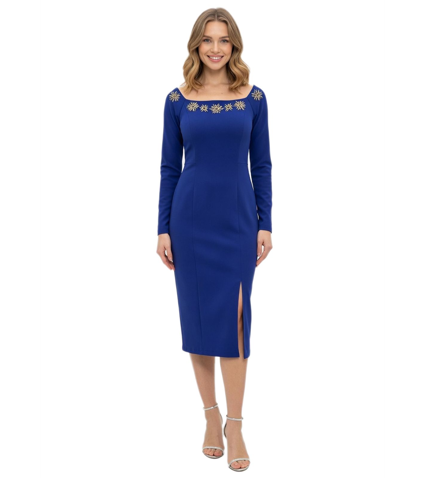 figurbetontes Damen Midi-Kleid mit Blumen-Glitzer Langarm-Kleid 965864 Blau