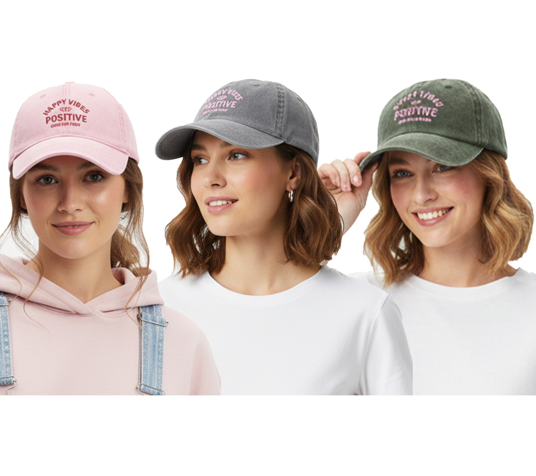 fröhliche ZWILLINGSHERZ Happy Vibes Classic Base-Cap mit Positive Vibes Schriftzug Baumwoll-Cap justierbare Cappy Schirm-Mütze 4603M K5403 in Army-Grün/Grau, Grau oder Alt-Rosa