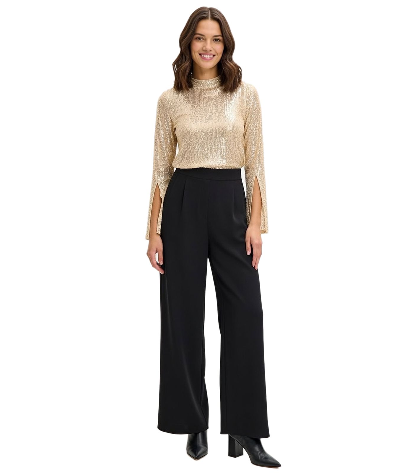 funkelnder Damen Jumpsuit Party-Anzug mit Pailletten und Stehkragen 909627 Schwarz/Gold