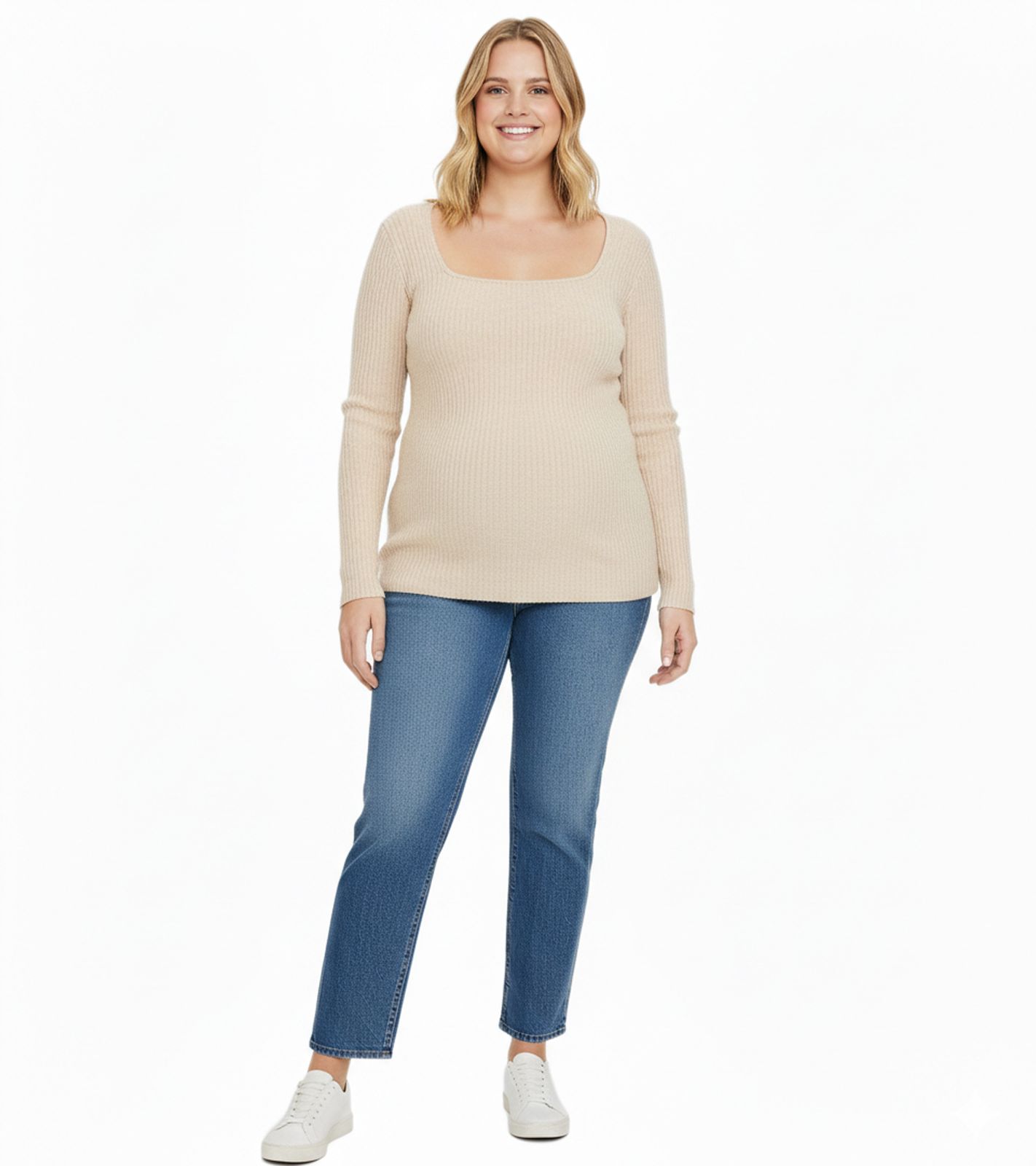 gemütlicher Damen Strick-Pullover schmal geschnittener Langarm-Pulli mit Karree-Ausschnitt Große Größen 969592 Beige
