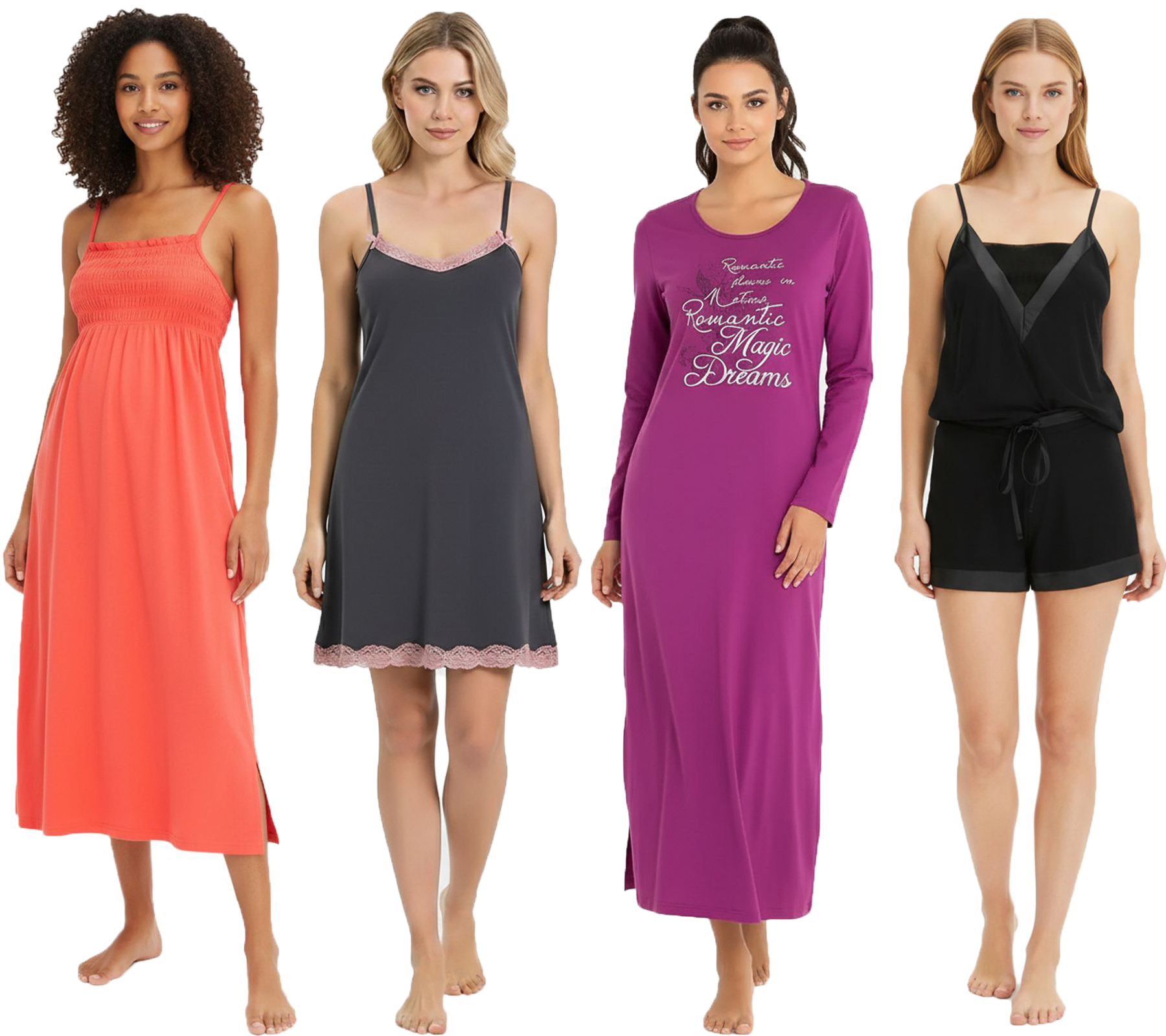 Gemütliches Damen Nacht-Kleid mit Smockdetails langes Nachthemd mit Schlitz 2-teiliger Pyjama oder kurzes Nachthemd mit Spitze Rot, Violett, Schwarz oder Grau/Rosa