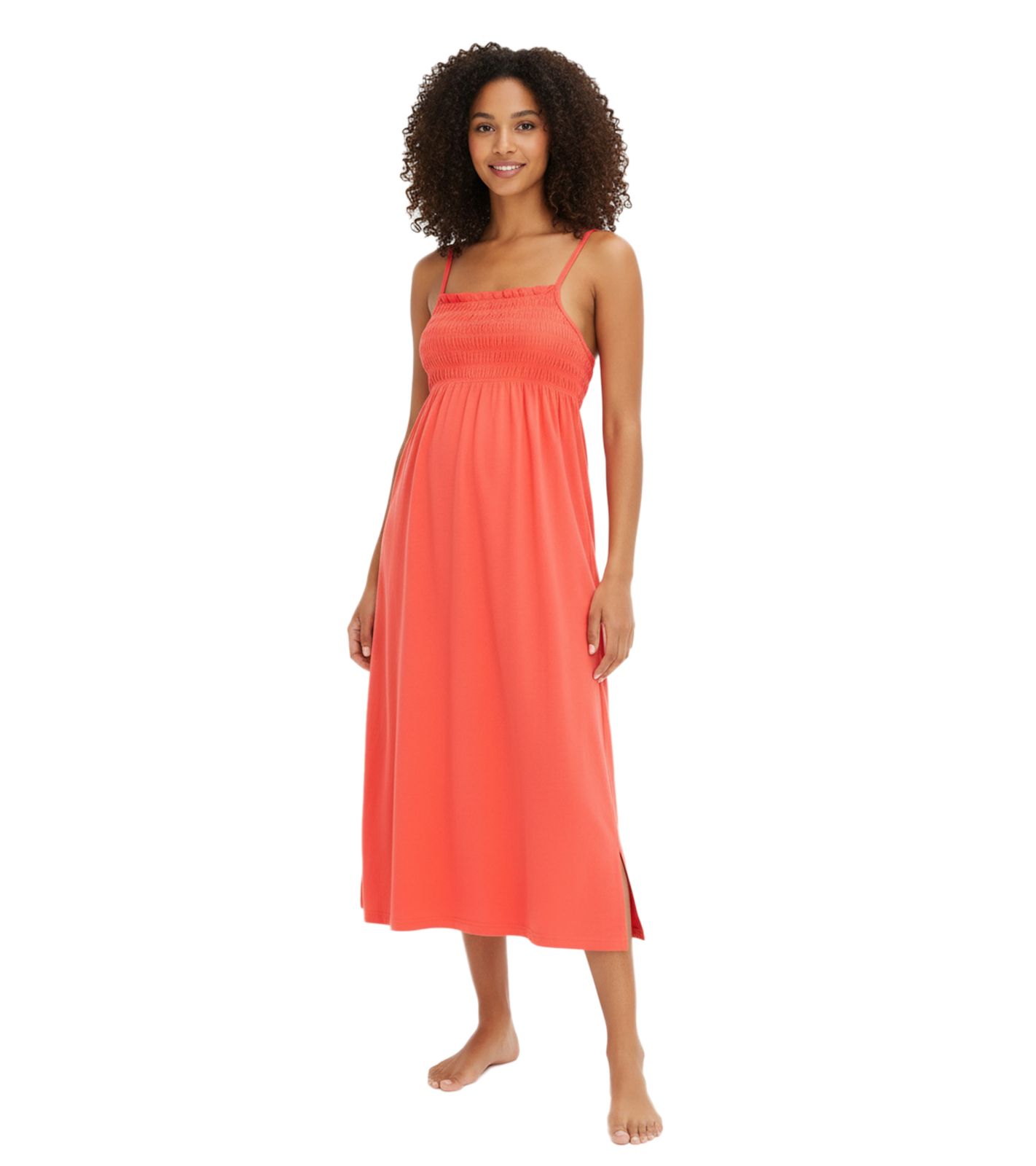 Gemütliches Damen Nacht-Kleid mit Smockdetails Pyjama Nachthemd Baumwoll-Kleid 912155 Rot