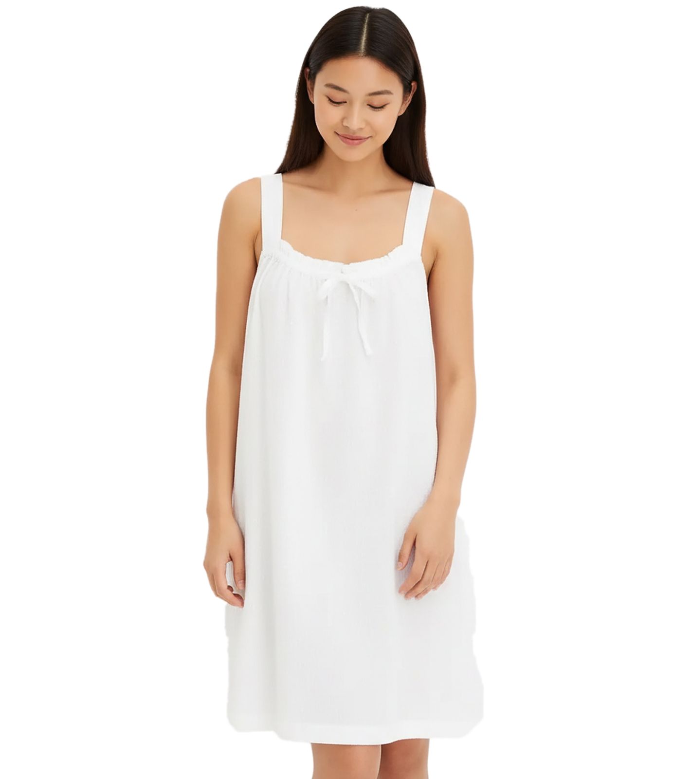 Gemütliches Damen Nachthemd aus leichtem Seersucker Nacht-Kleid Pyjama Baumwoll-Kleid 921848 Weiß