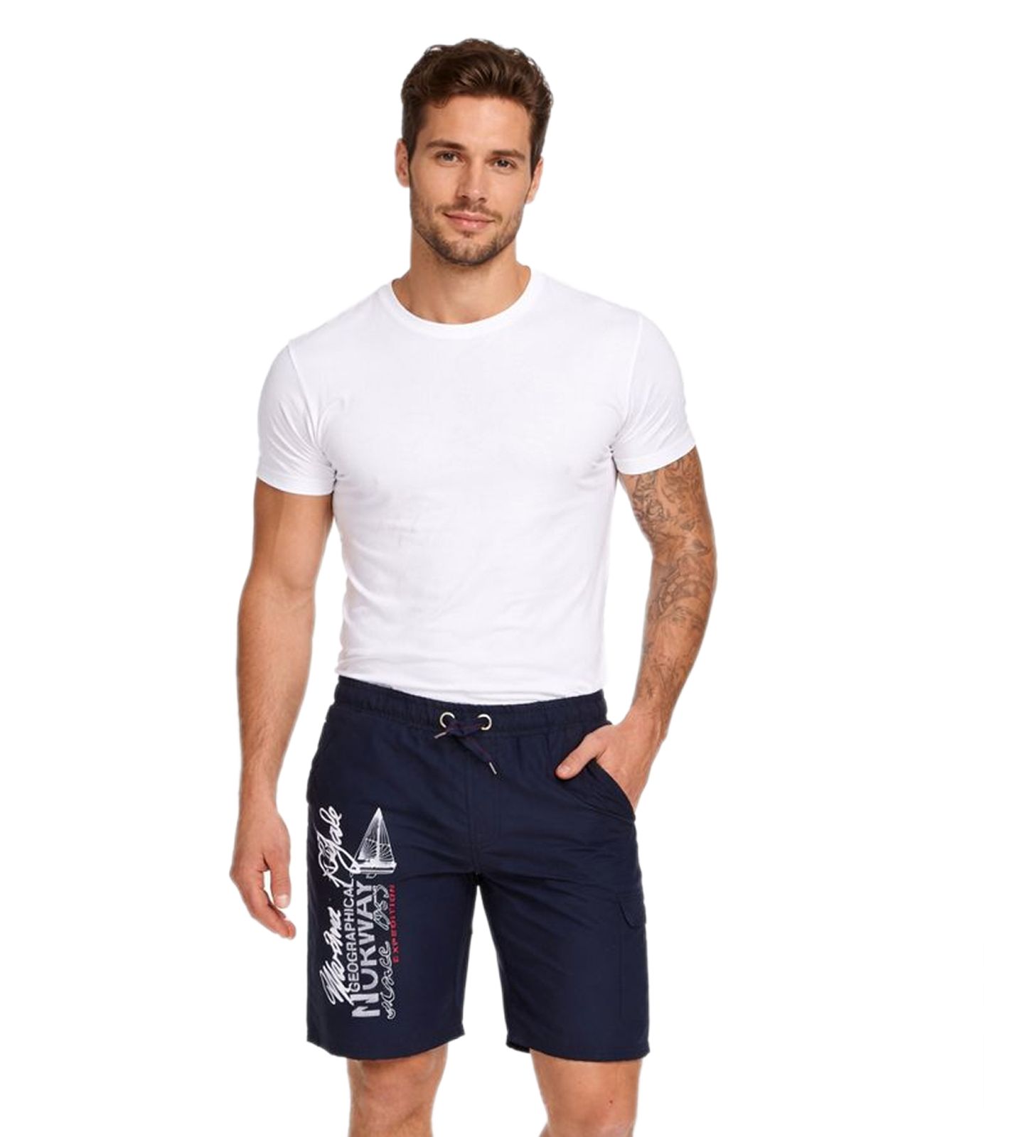 GEOGRAPHICAL NORWAY Quara Herren Badehose Schwimm-Hose mit Logo-Print Bade-Shorts mit Taschen Schwimm-Shorts 001 Navy