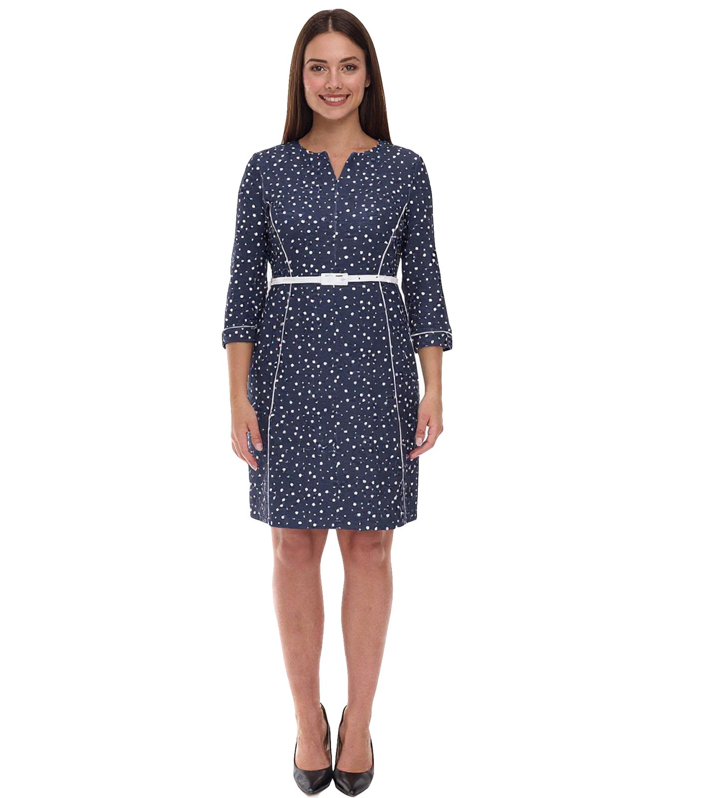gepunktetes Damen Sommer-Kleid inklusive Gürtel Strand-Outfit Midi-Kleid 940590 Dunkelblau/Weiß