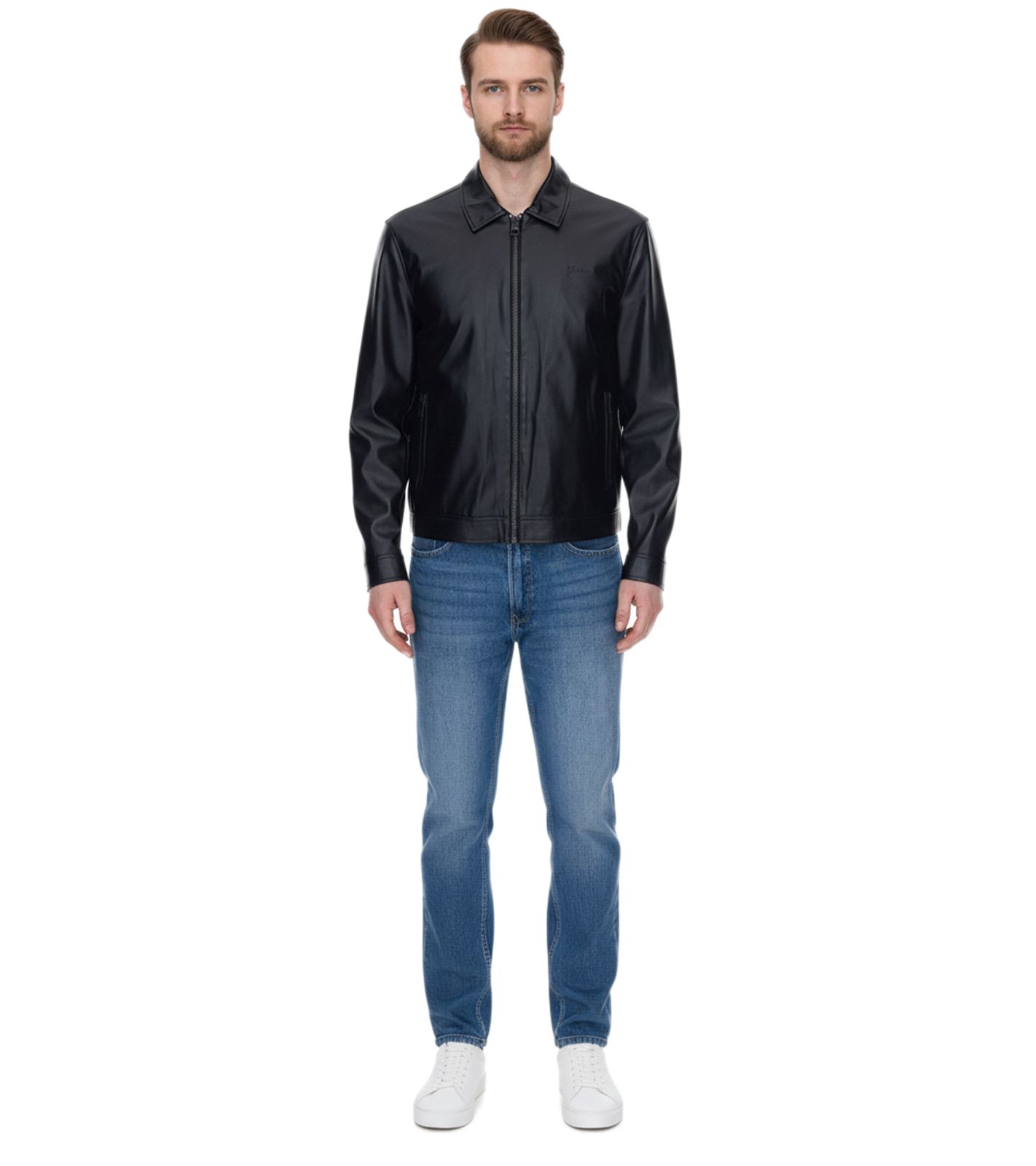 GUESS Herren Kunstlederjacke rockige Biker-Jacke mit Reverskragen Outdoor-Jacke M3YL20WF410 JTMU Schwarz