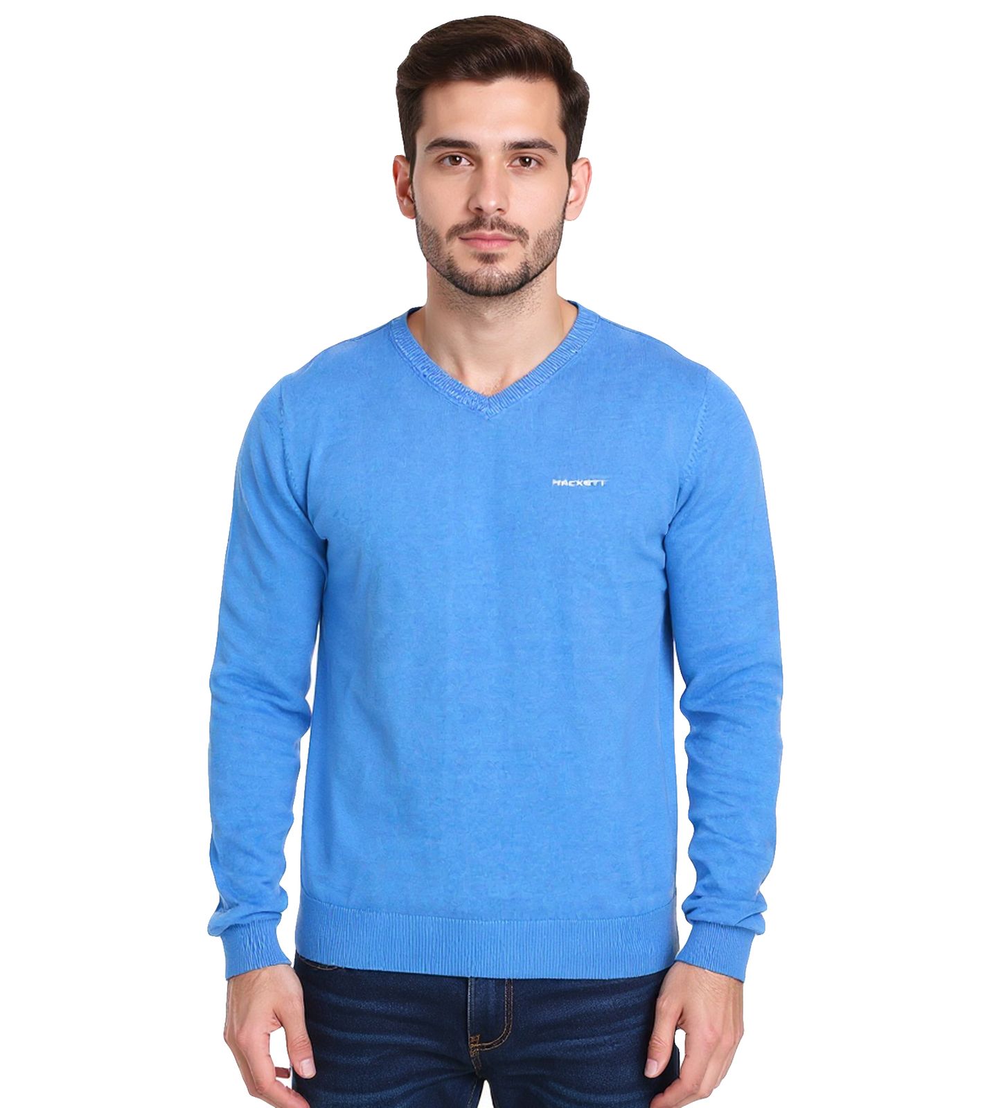 HACKETT LONDON GOLF Herren Baumwoll-Pullover Strick-Pullover mit V-Ausschnitt Langarm-Shirt HMX5000D Blau