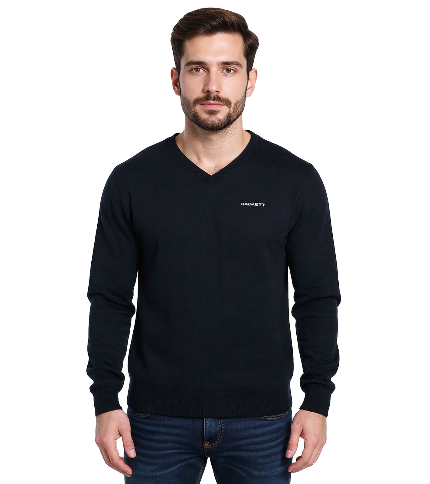 HACKETT LONDON GOLF Herren Baumwoll-Pullover Strick-Pullover mit V-Ausschnitt Langarm-Shirt HMX5000F Schwarz