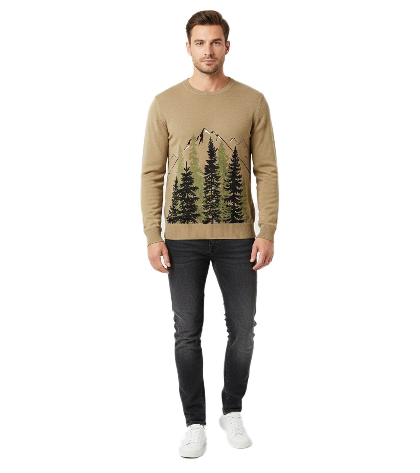 Herren Feinstrick-Pullover Rundhals-Pullover mit Wald und Berge-Muster Winter-Pulli Große Größen 971556 Khaki
