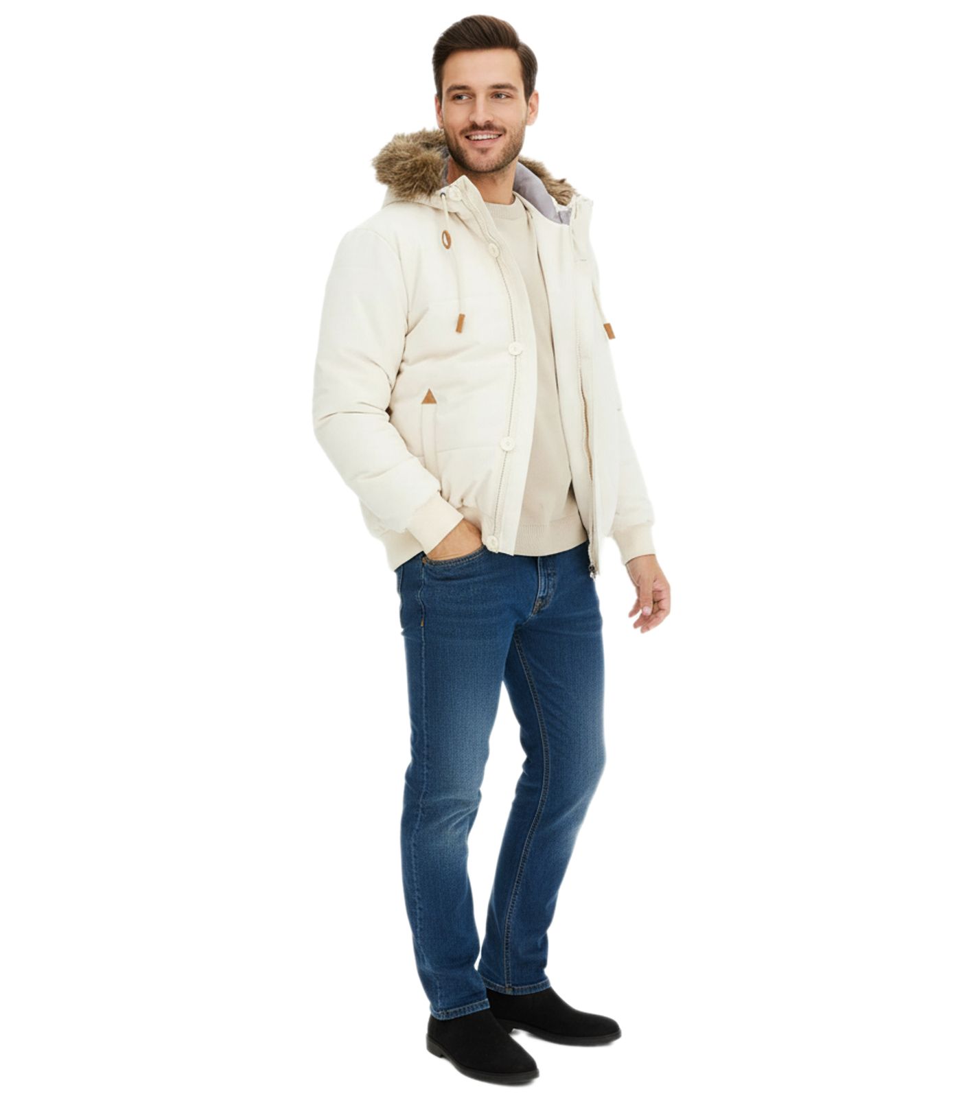 Herren Funktionsjacke mit Fellkapuze in Blousonform Outdoor-Jacke 967556 Beige
