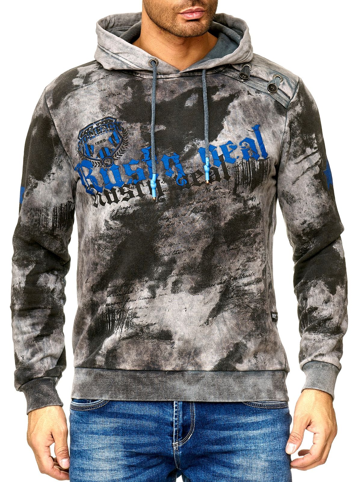 Herren Hoodie im Batik Look Kapuzen-Pullover mit Vintage Print Sweater 19113 Anthrazit