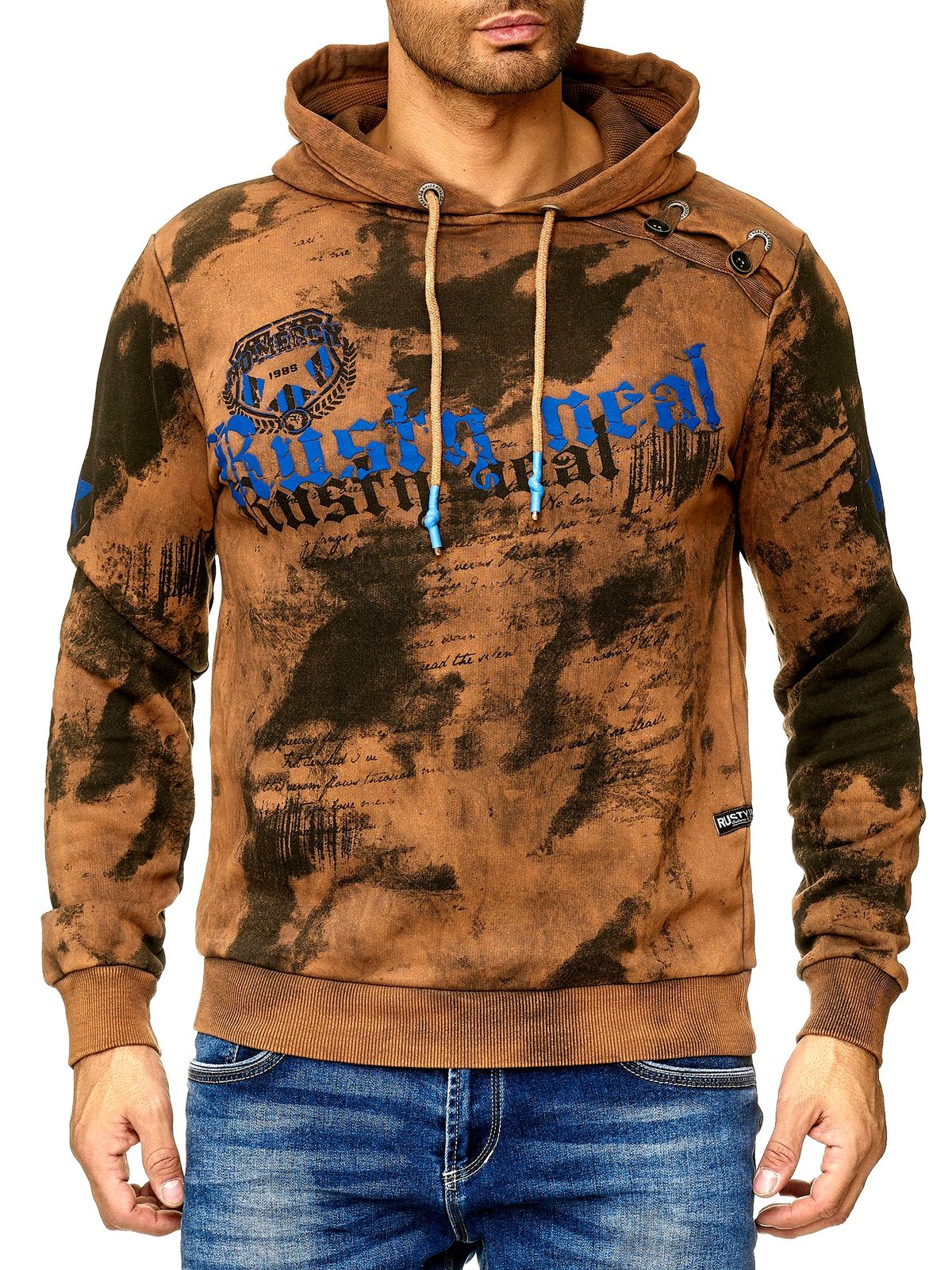 Herren Hoodie im Batik Look Kapuzen-Pullover mit Vintage Print Sweater 19113 Camel