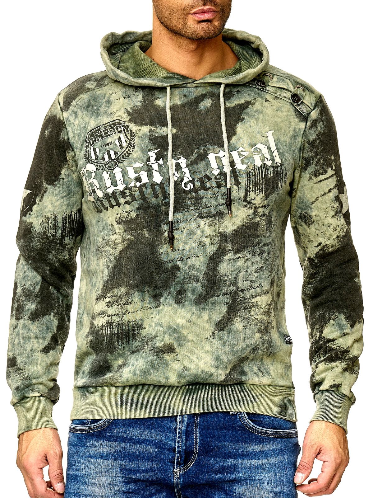 Herren Hoodie im Batik Look Kapuzen-Pullover mit Vintage Print Sweater 19113 Khaki