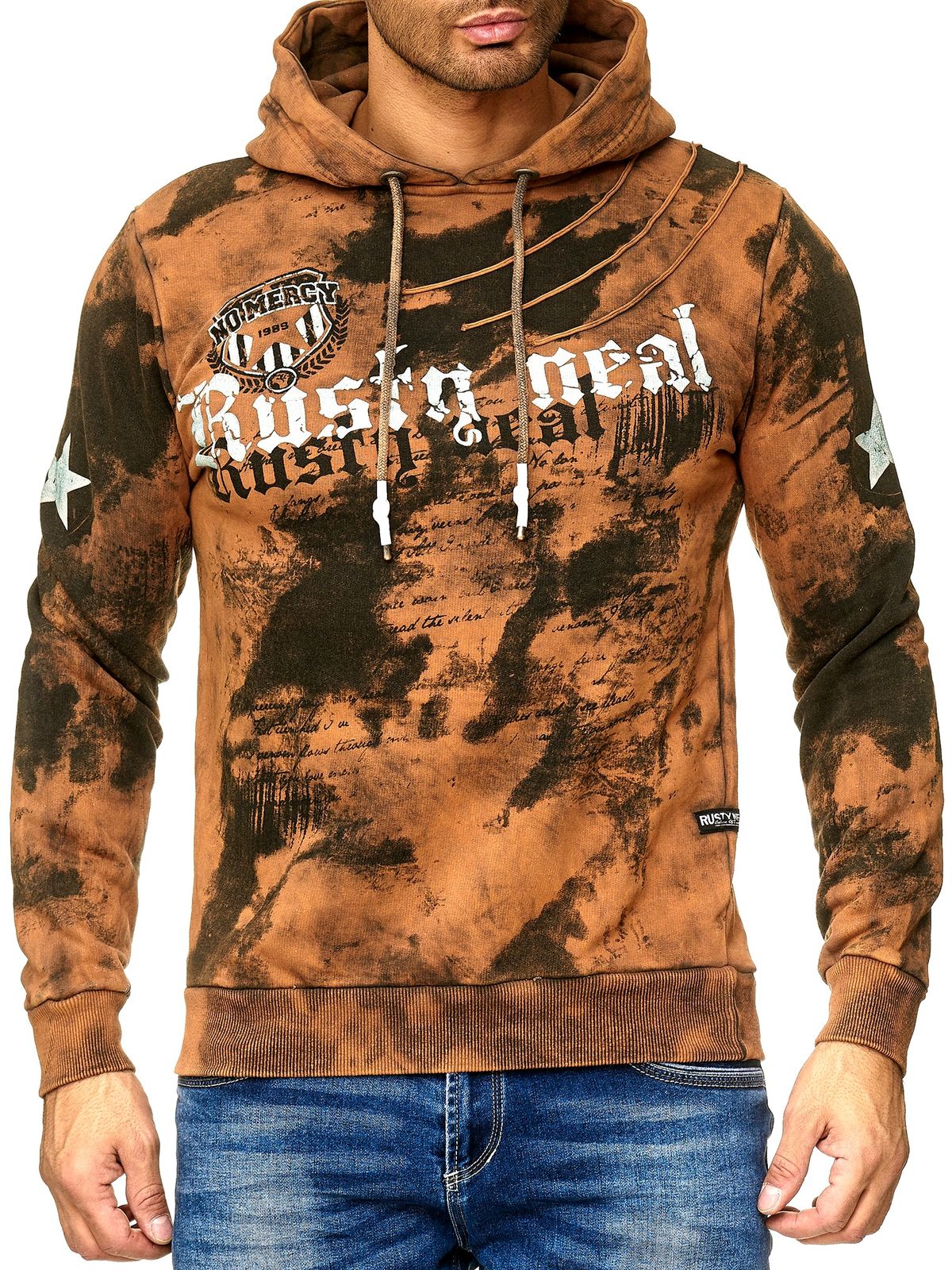 Herren Kapuzen-Pullover im Batik Look mit Vintage Print Hoodie im Used Style Sweater 19112 Camel