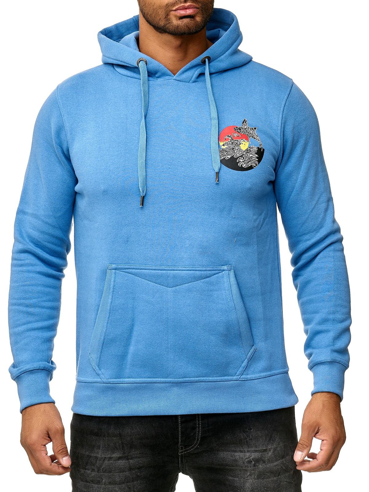 Herren Kapuzen-Pullover mit Wellen Print und Wal Motiv Hoodie mit großem Rückendruck Sweater 19106 Blau