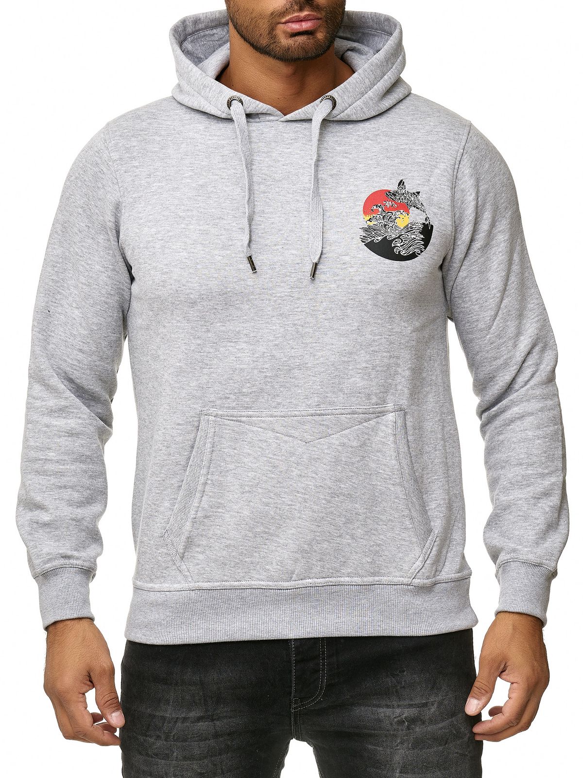 Herren Kapuzen-Pullover mit Wellen Print und Wal Motiv Hoodie mit großem Rückendruck Sweater 19106 Grau