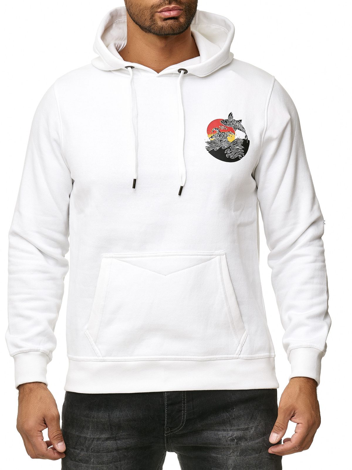 Herren Kapuzen-Pullover mit Wellen Print und Wal Motiv Hoodie mit großem Rückendruck Sweater 19106 Weiß