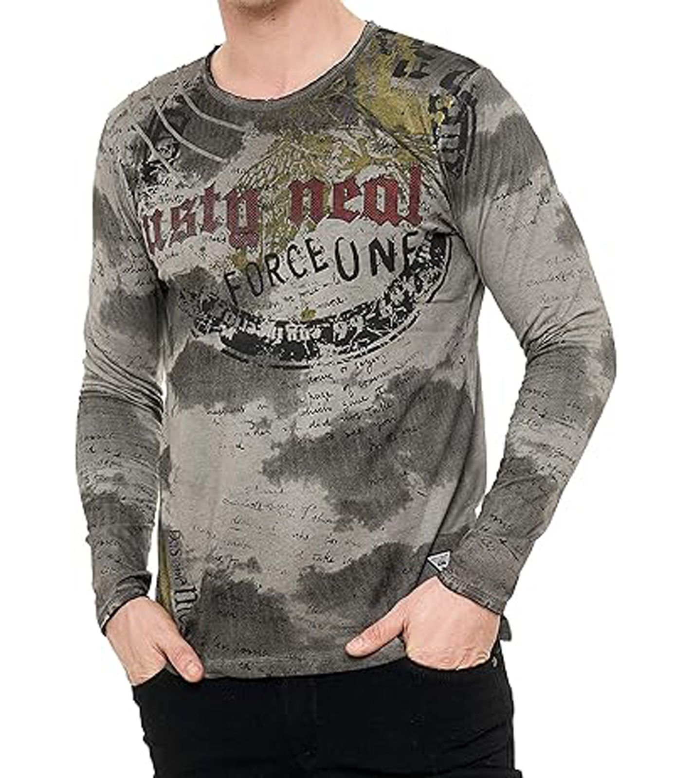 Herren Longsleeve im Batik-Stil Langarm-Shirt mit urbanen Print R-10140 Anthrazit