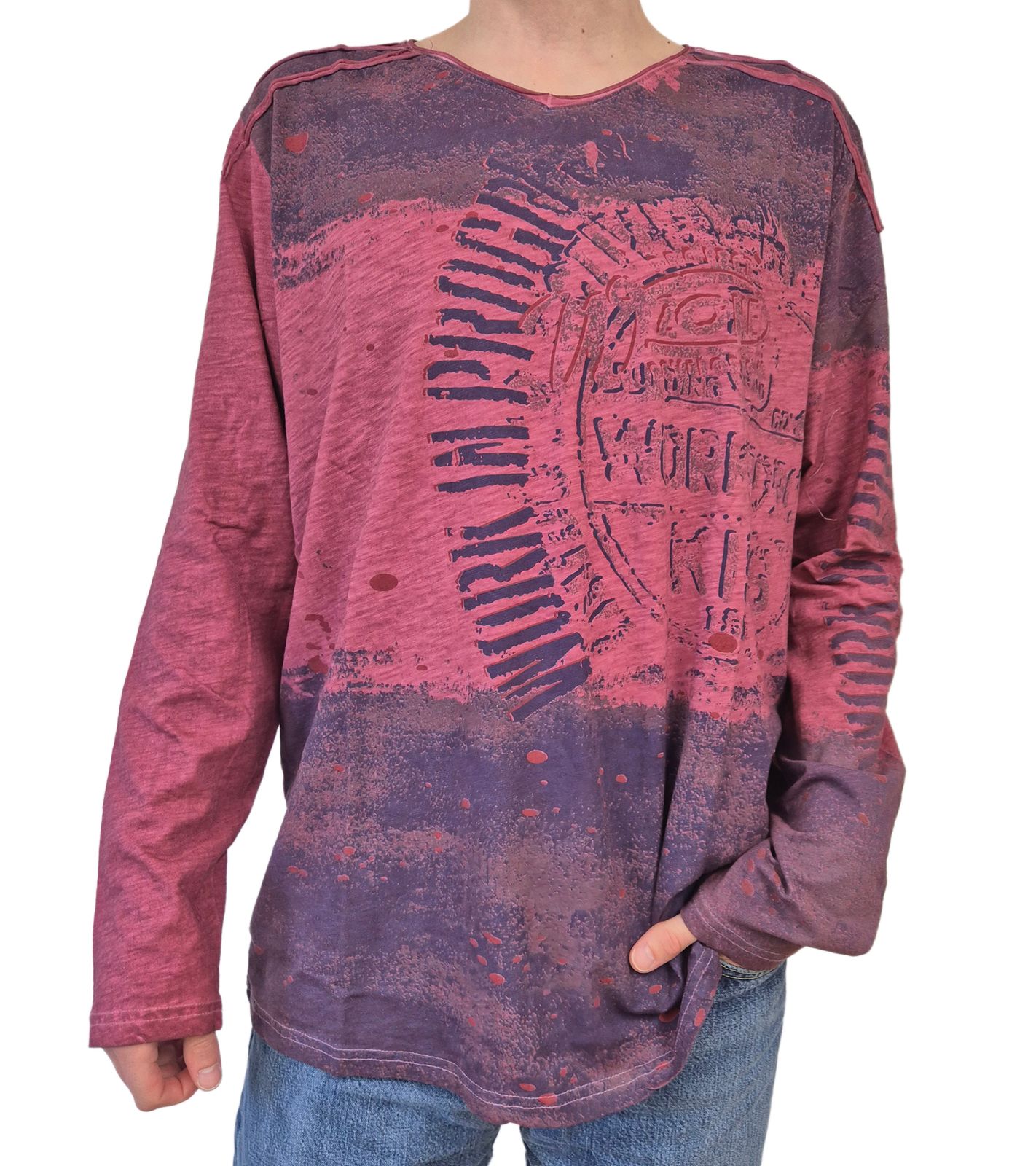 Herren Longsleeve im Vintage-Stil Work in Progress Langarm-Shirt Rundhals Baumwoll-Shirt R-10109 Bordeaux