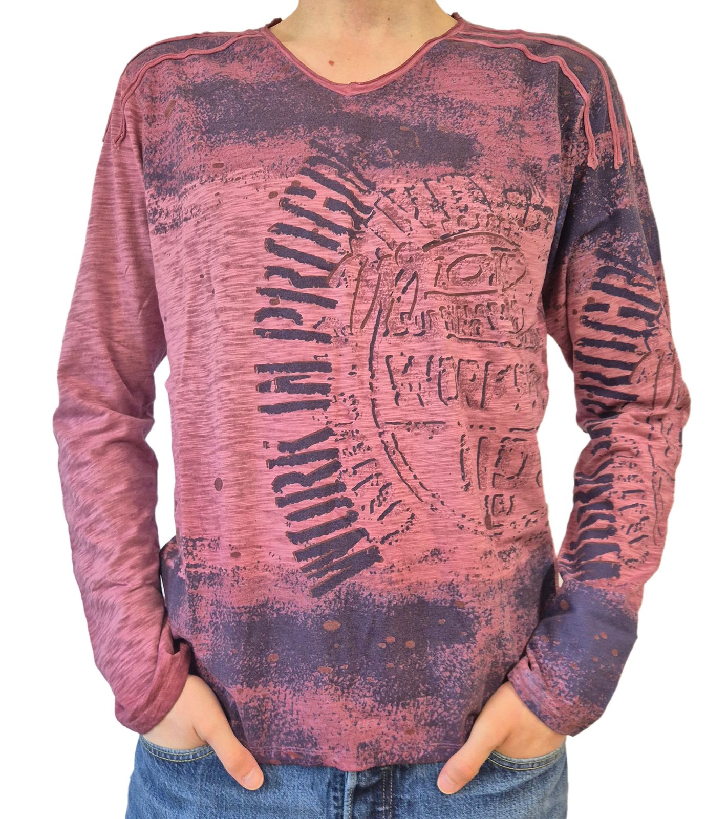 Herren Longsleeve im Vintage-Stil Work in Progress Langarm-Shirt Rundhals Baumwoll-Shirt R-10109 Hell-Bordeaux