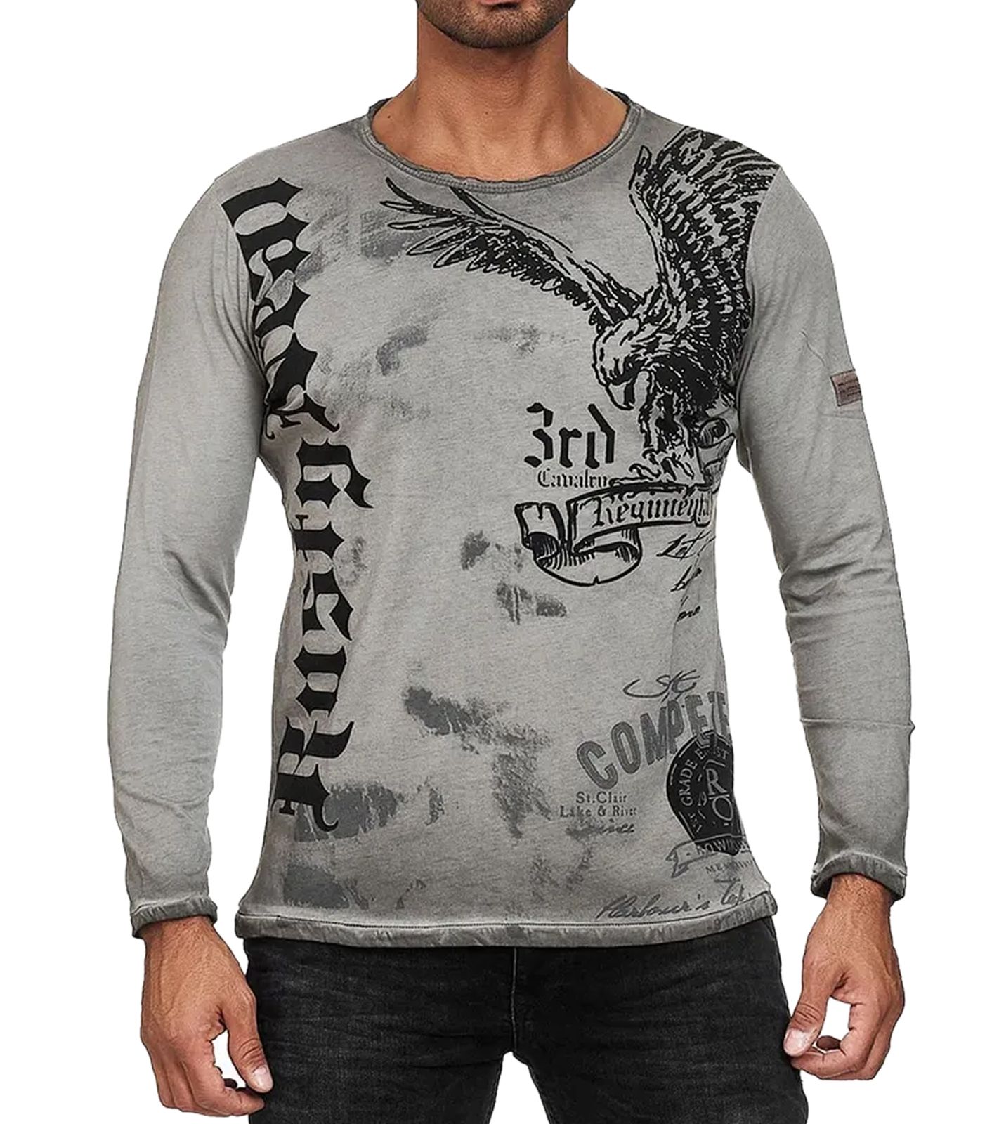 Herren Longsleeve Langarm-Shirt mit Adler-Druck Rundhals Baumwoll-Shirt R-10147 Grau