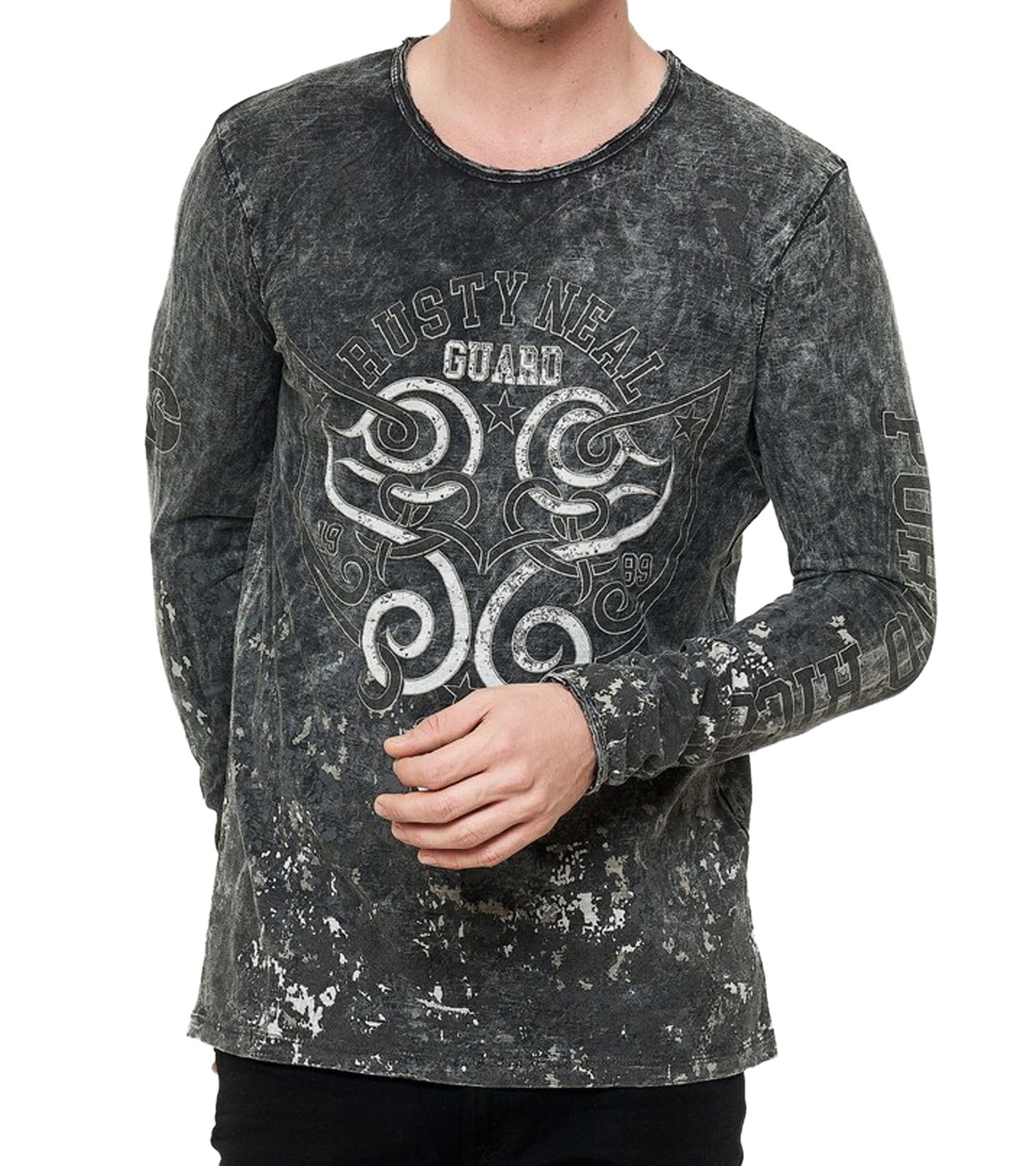Herren Longsleeve mit Allover-Tribal-Print Baumwoll-Langarm-Shirt Sommer-Pullover Freizeit-Shirt R-10152 Dunkelgrau