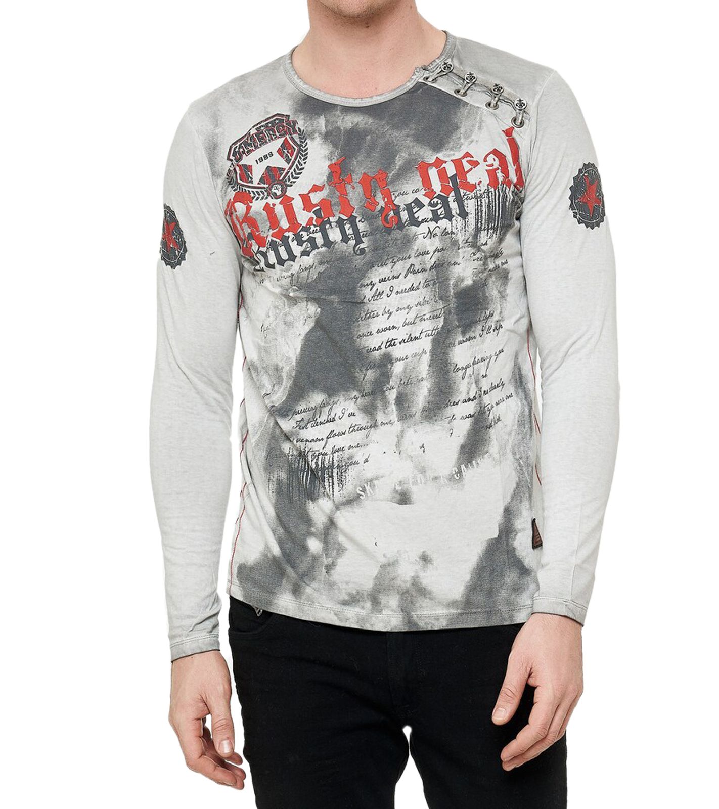 Herren Longsleeve mit großem Schriftzug Baumwoll-Langarm-Shirt Sommer-Pullover Freizeit-Shirt R-10155 Grau