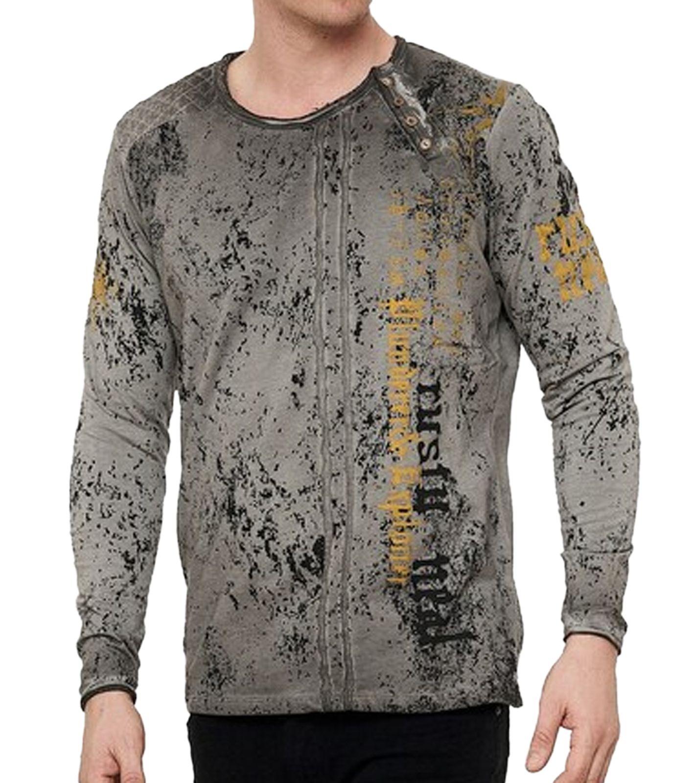 Herren Longsleeve mit Schriftzug Baumwoll-Langarm-Shirt Sommer-Pullover Freizeit-Shirt R-10153 Grau