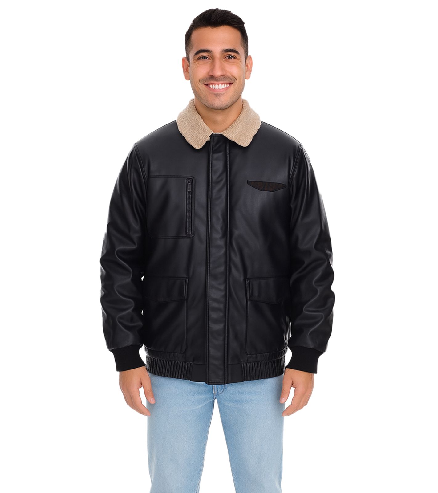 Herren Piloten-Jacke aus Lederimitat stylische Outdoor-Jacke mit Teddykragen 950871 Schwarz