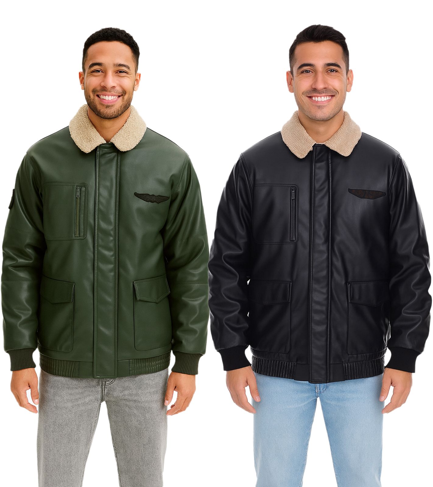 Herren Piloten-Jacke aus Lederimitat stylische Outdoor-Jacke mit Teddykragen Olivgrün oder Schwarz