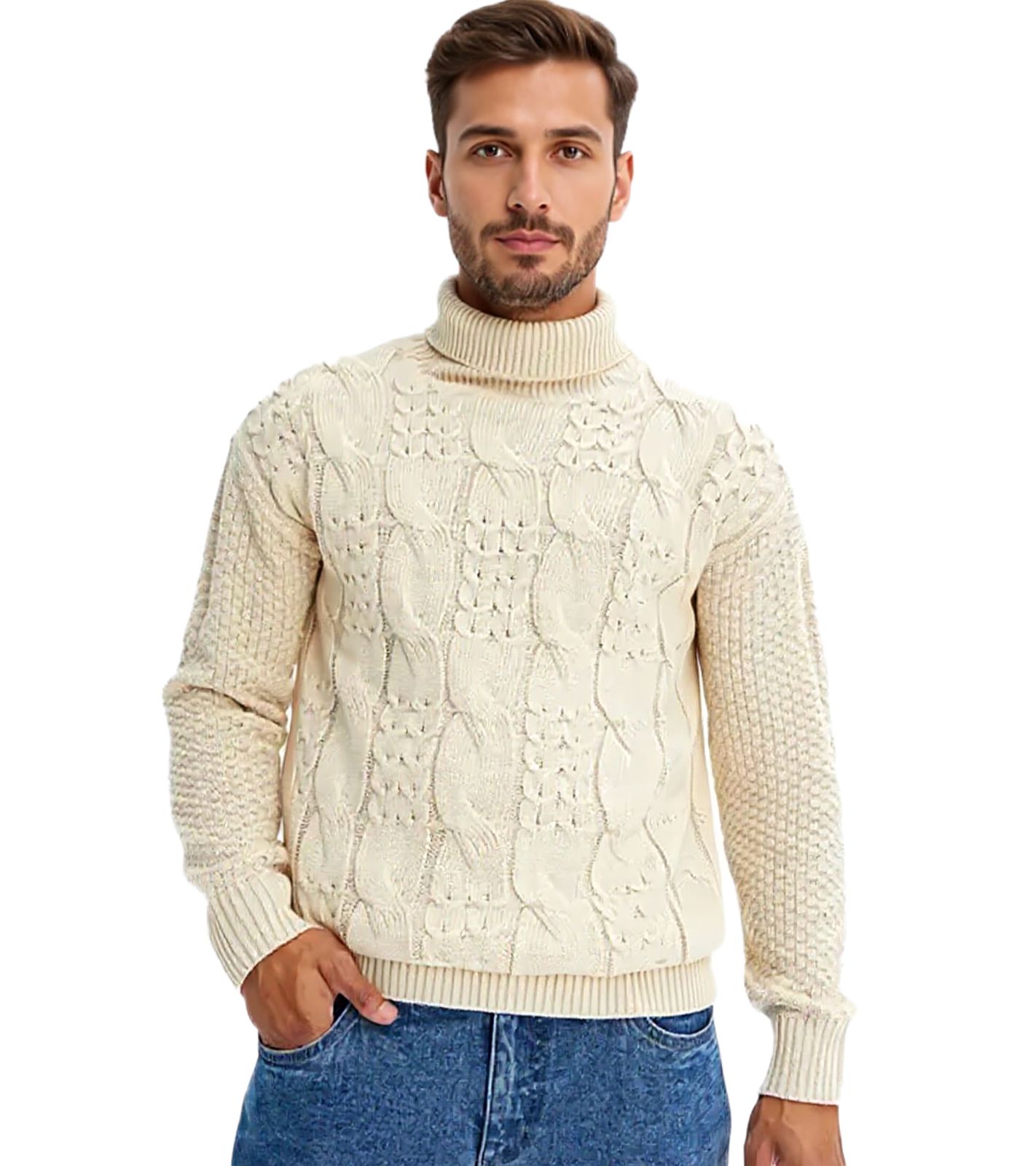 Herren Strick-Pullover Rollkragen-Pullover mit Zopfstrick-Muster Winter-Pulli Große Größen 938114 Beige