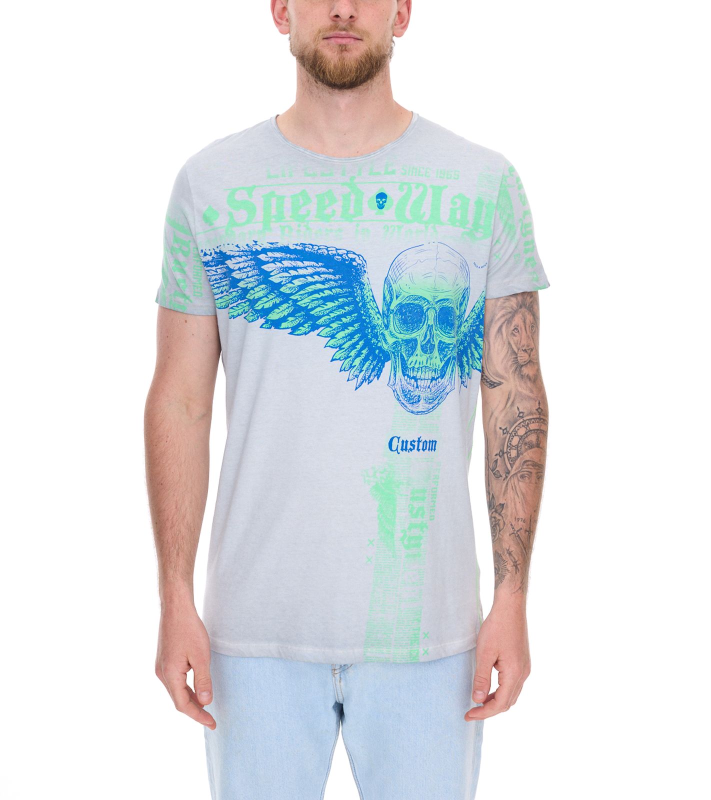 Herren T-Shirt kombinierfreudiges Totenkopf-Print Baumwoll-Shirt Rundhals-Shirt R-15264 Grau